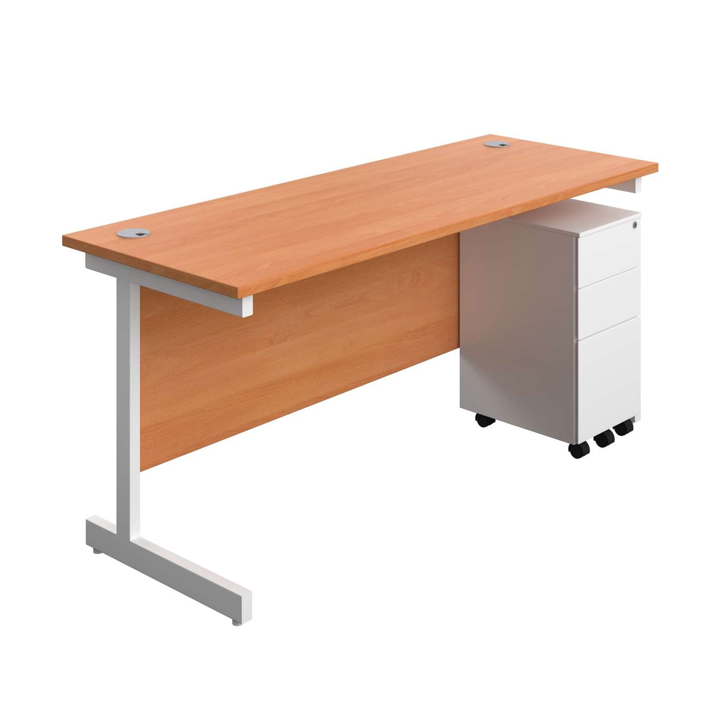 Single Upright Rectangular Desk + Slimline Steel Pedestal 3 Drawers (FSC) | 1600 X 600 | Beech/White