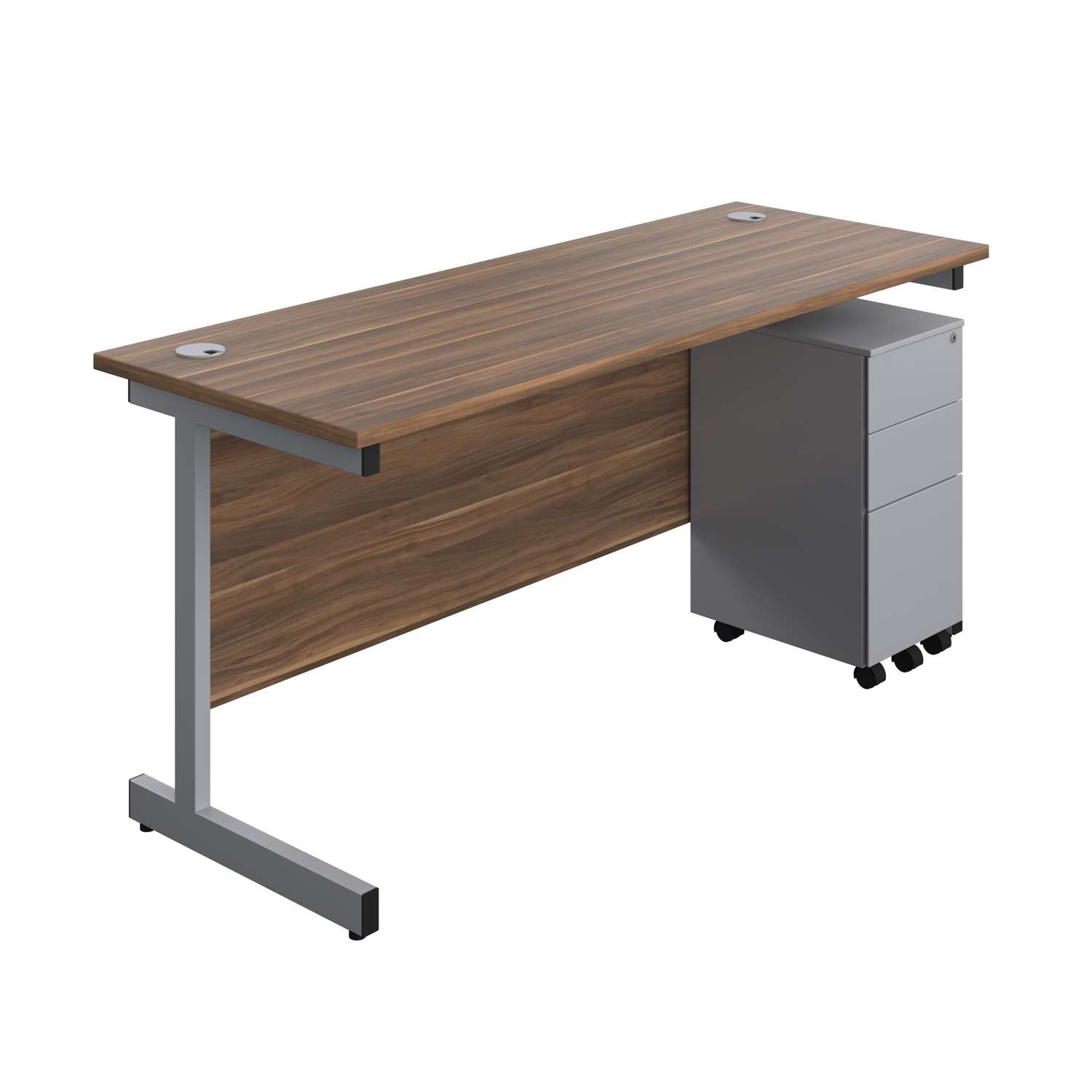 Single Upright Rectangular Desk + Slimline Steel Pedestal 3 Drawers (FSC) | 1600 X 600 | Dark Walnut/Silver
