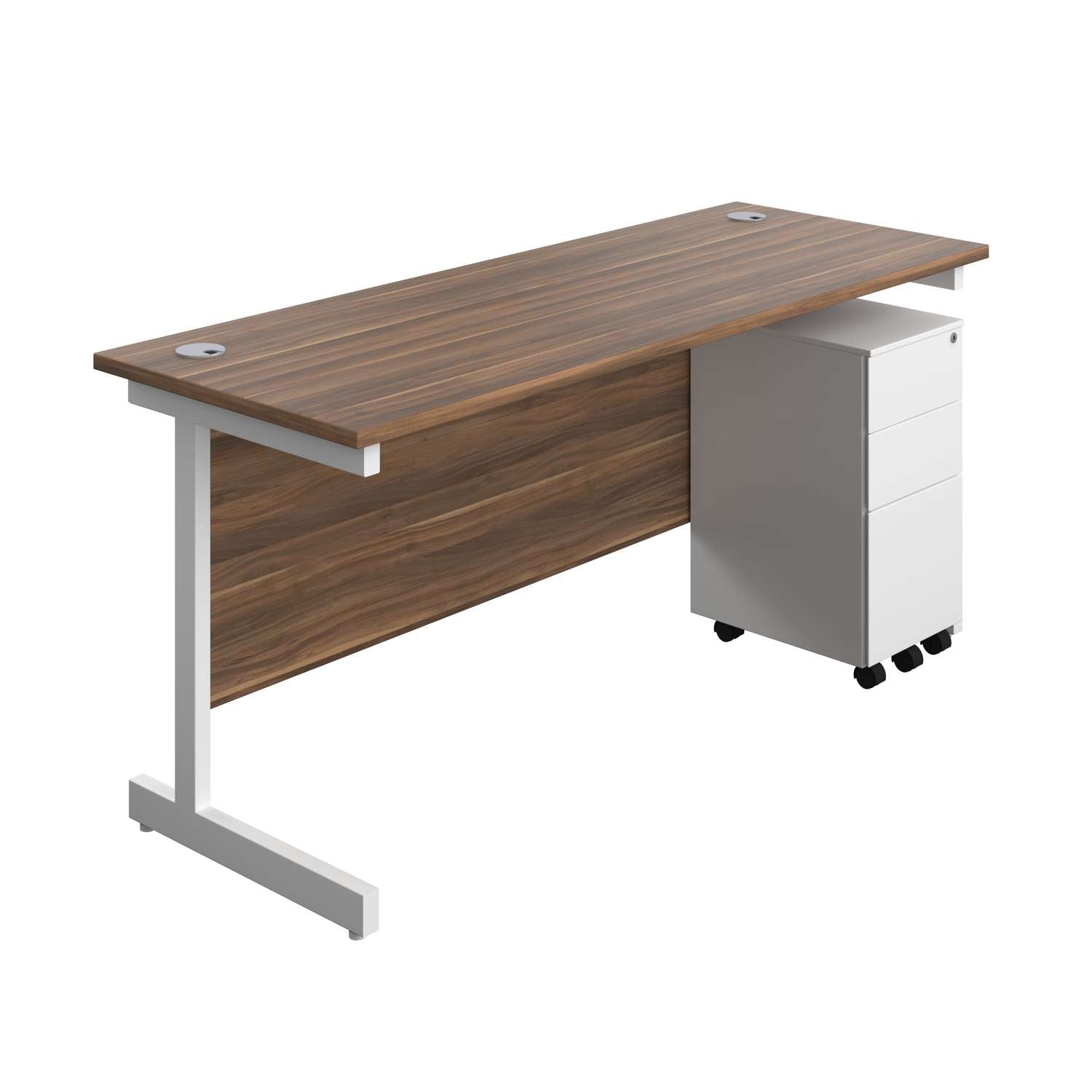 Single Upright Rectangular Desk + Slimline Steel Pedestal 3 Drawers (FSC) | 1600 X 600 | Dark Walnut/White