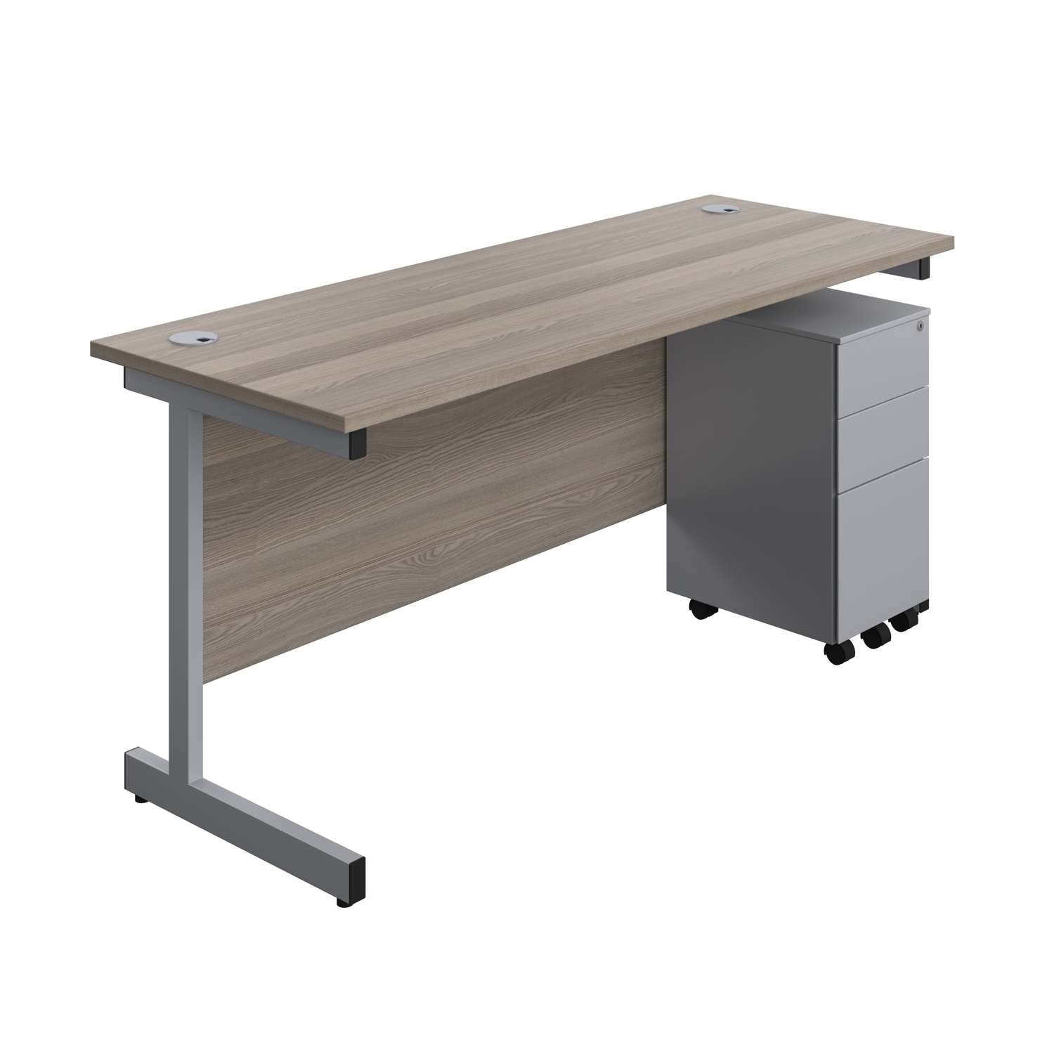 Single Upright Rectangular Desk + Slimline Steel Pedestal 3 Drawers (FSC) | 1600 X 600 | Grey Oak/Silver