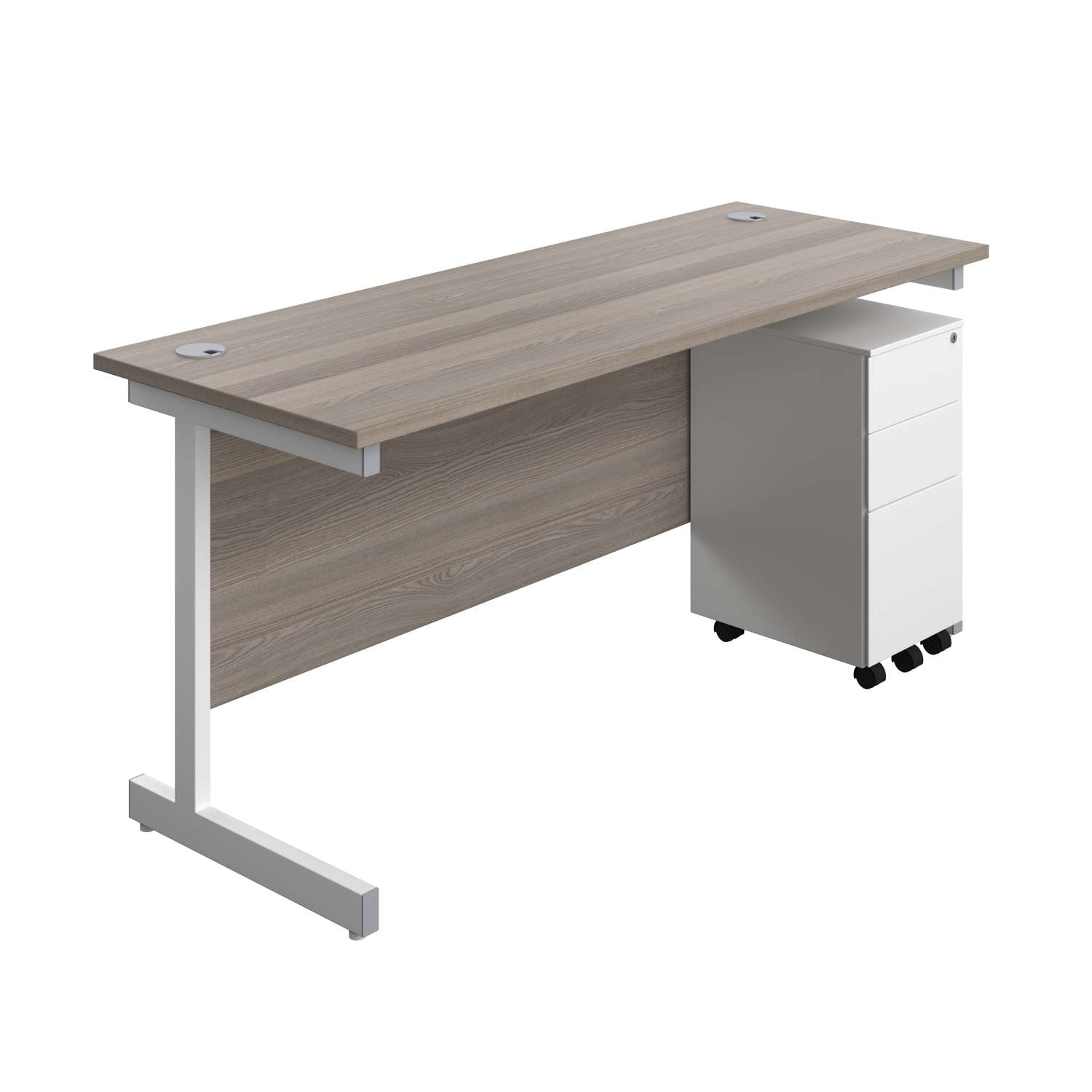 Single Upright Rectangular Desk + Slimline Steel Pedestal 3 Drawers (FSC) | 1600 X 600 | Grey Oak/White
