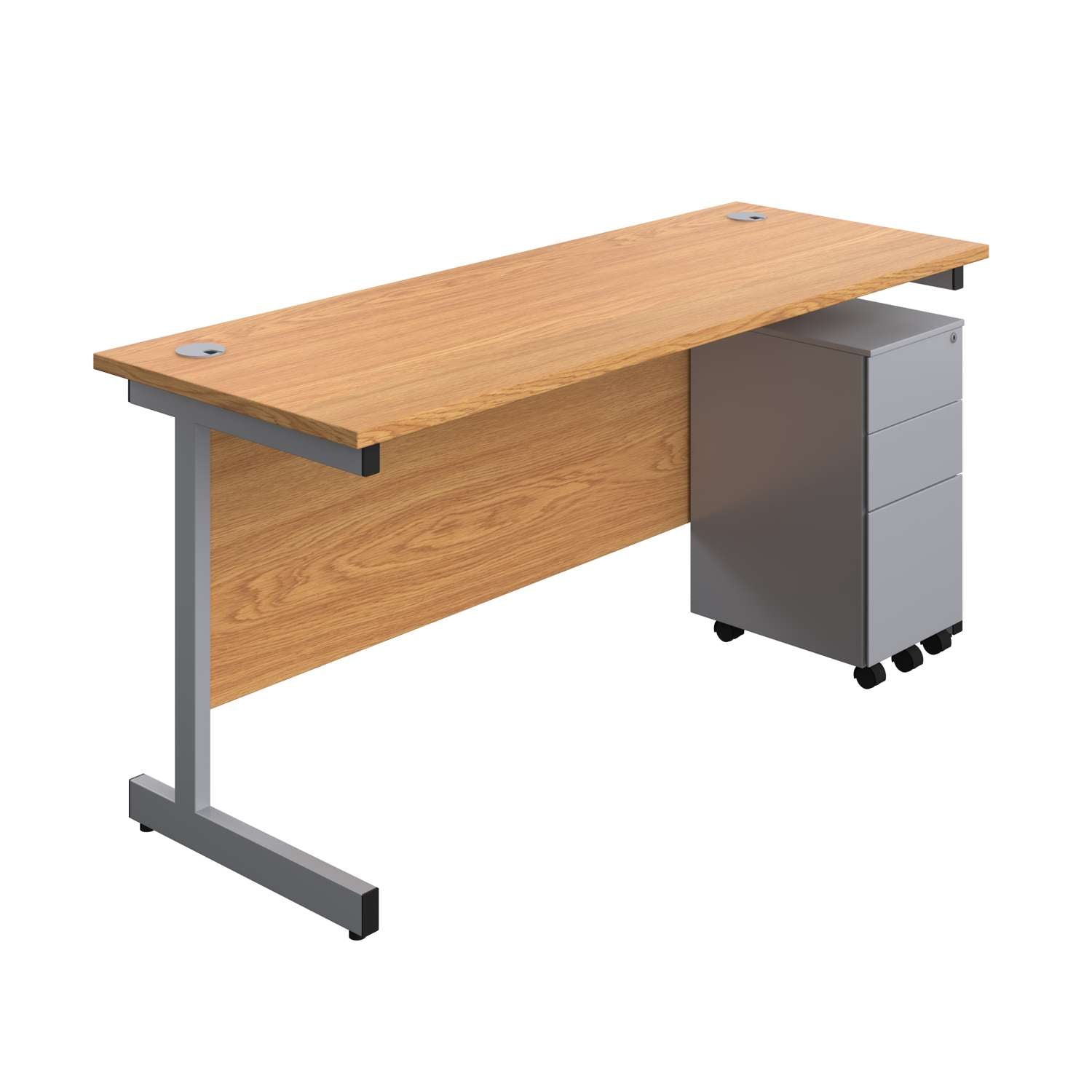 Single Upright Rectangular Desk + Slimline Steel Pedestal 3 Drawers (FSC) | 1600 X 600 | Nova Oak/Silver