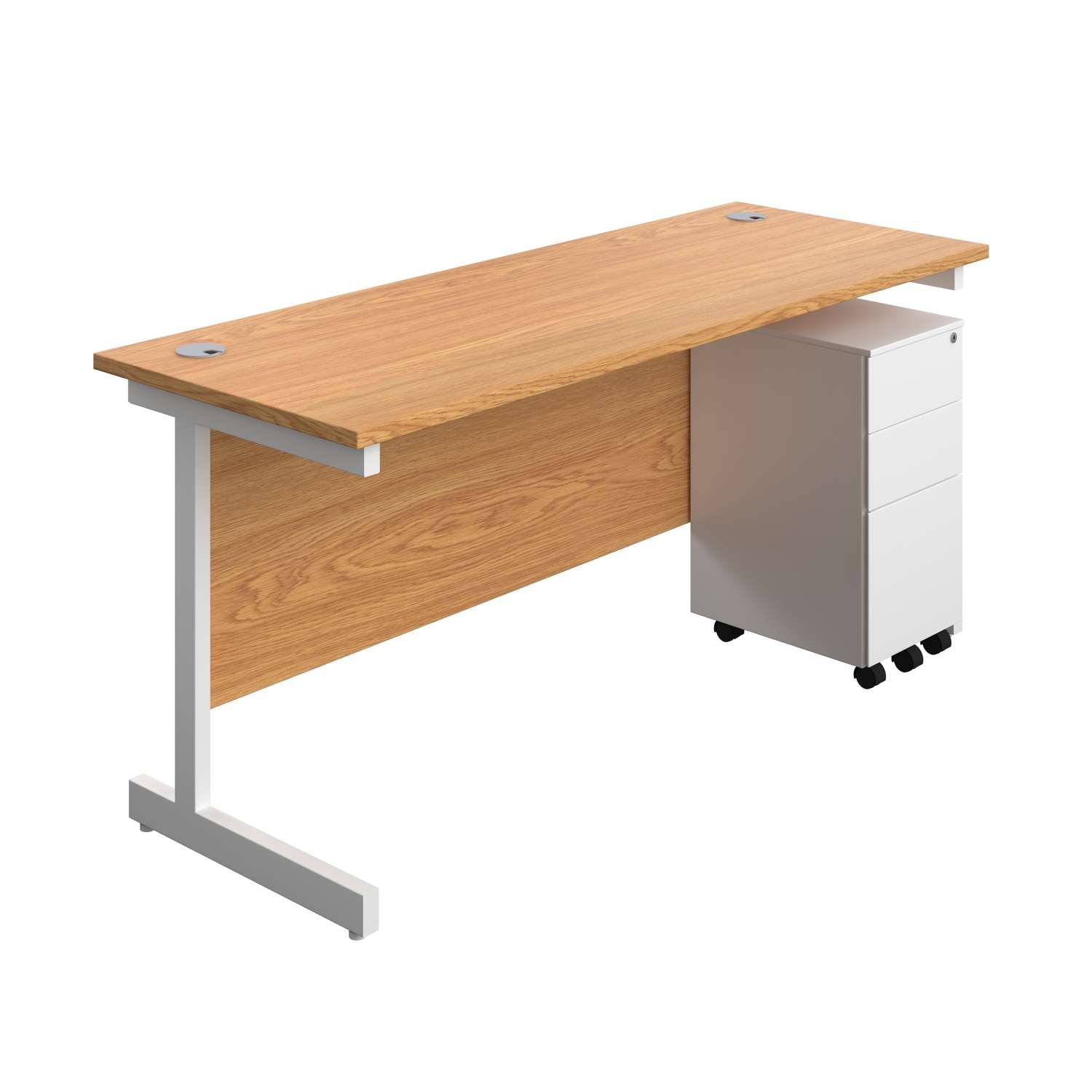 Single Upright Rectangular Desk + Slimline Steel Pedestal 3 Drawers (FSC) | 1600 X 600 | Nova Oak/White