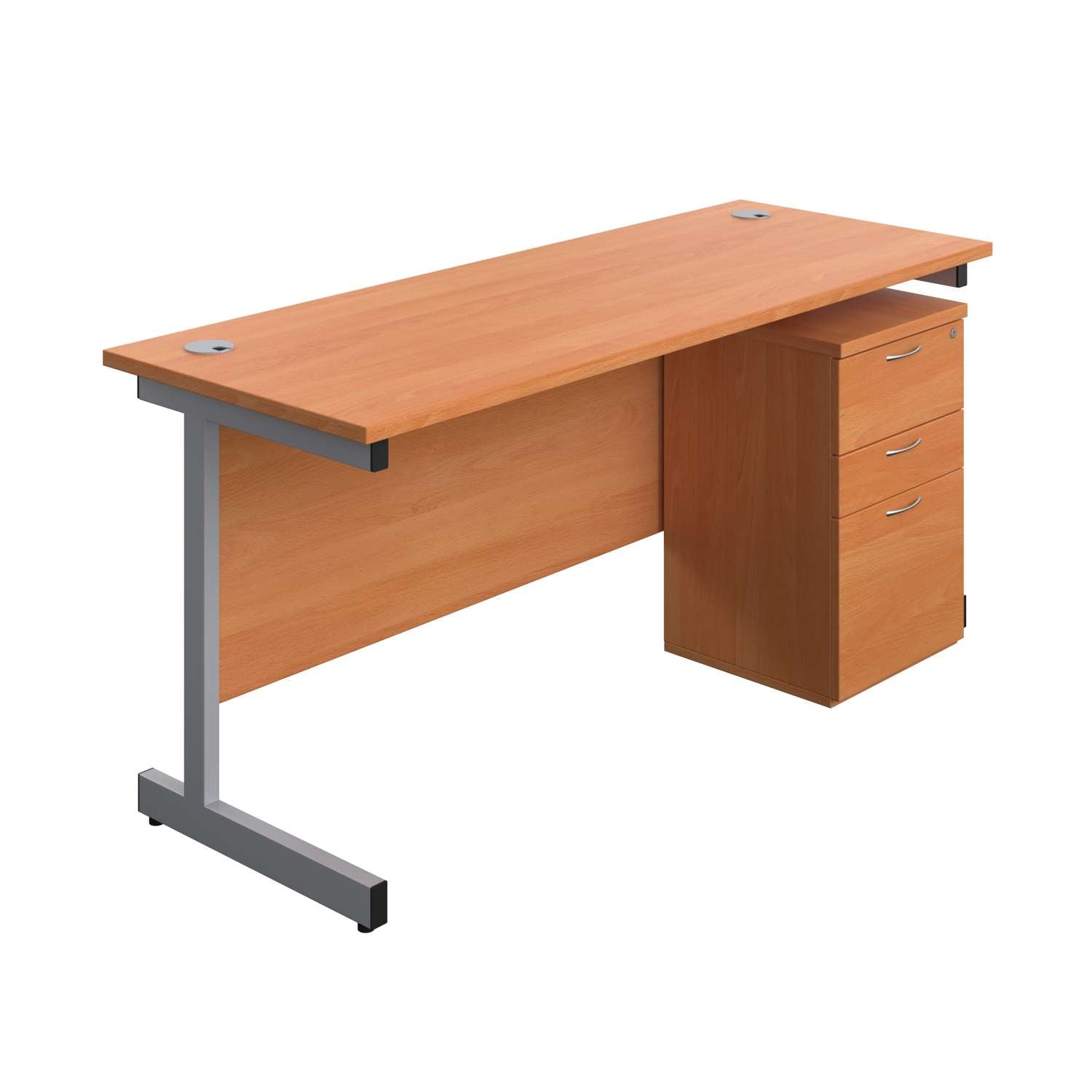 Single Upright Rectangular Desk + High Mobile Pedestal 3 Drawer (FSC) | 1600 X 600 | Beech/Silver