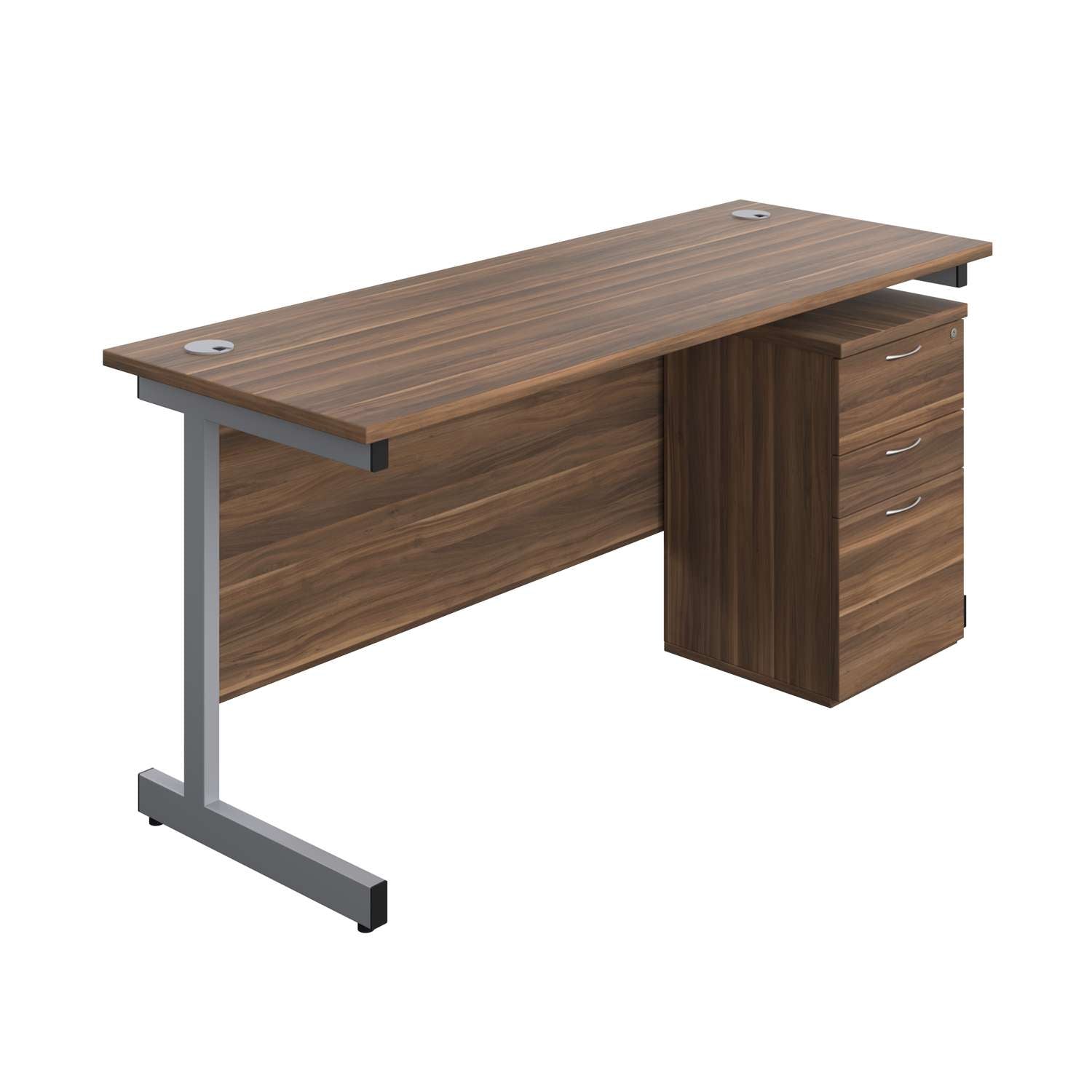 Single Upright Rectangular Desk + High Mobile Pedestal 3 Drawer (FSC) | 1600 X 600 | Dark Walnut/Silver