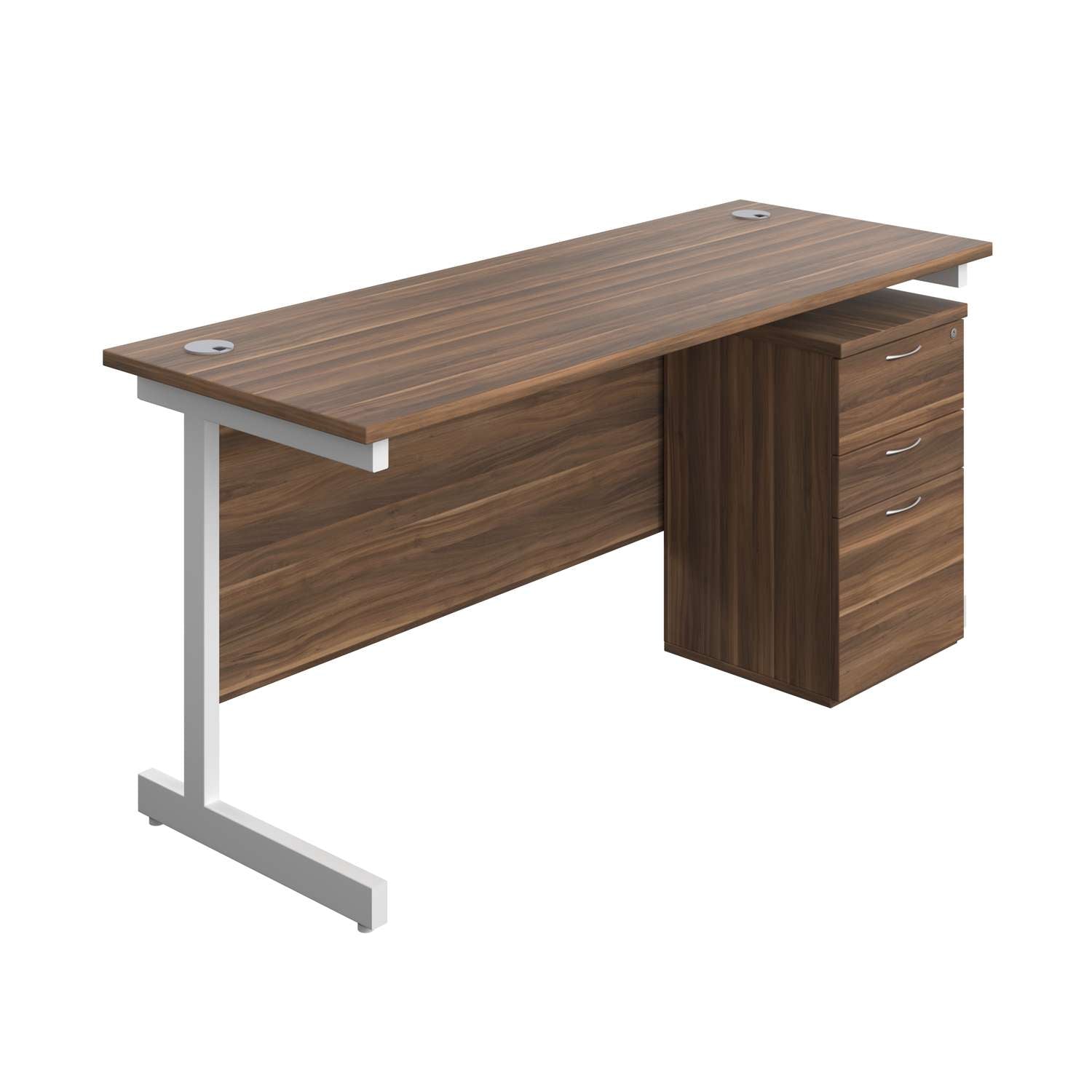 Single Upright Rectangular Desk + High Mobile Pedestal 3 Drawer (FSC) | 1600 X 600 | Dark Walnut/White