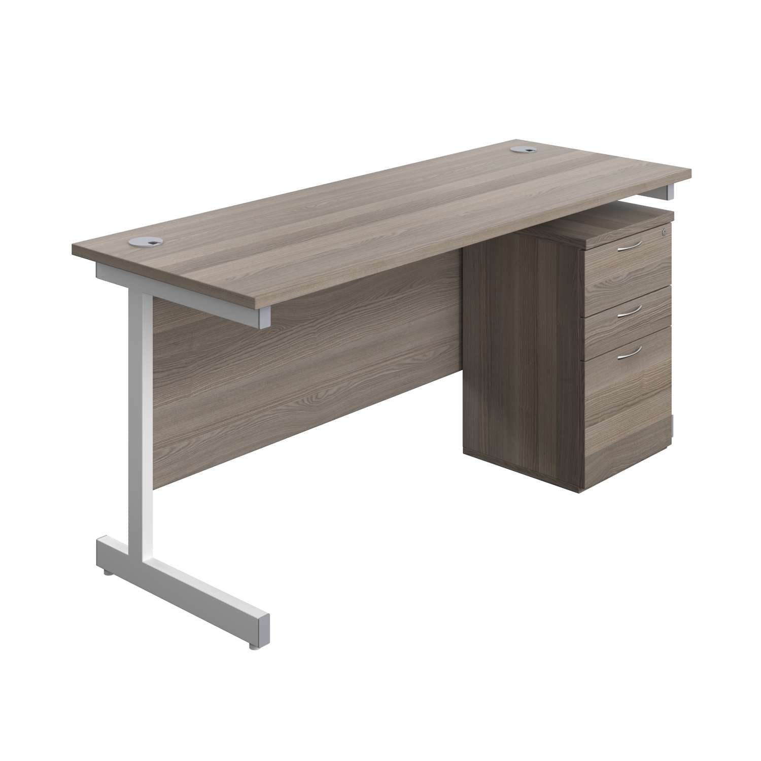 Single Upright Rectangular Desk + High Mobile Pedestal 3 Drawer (FSC) | 1600 X 600 | Grey Oak/White