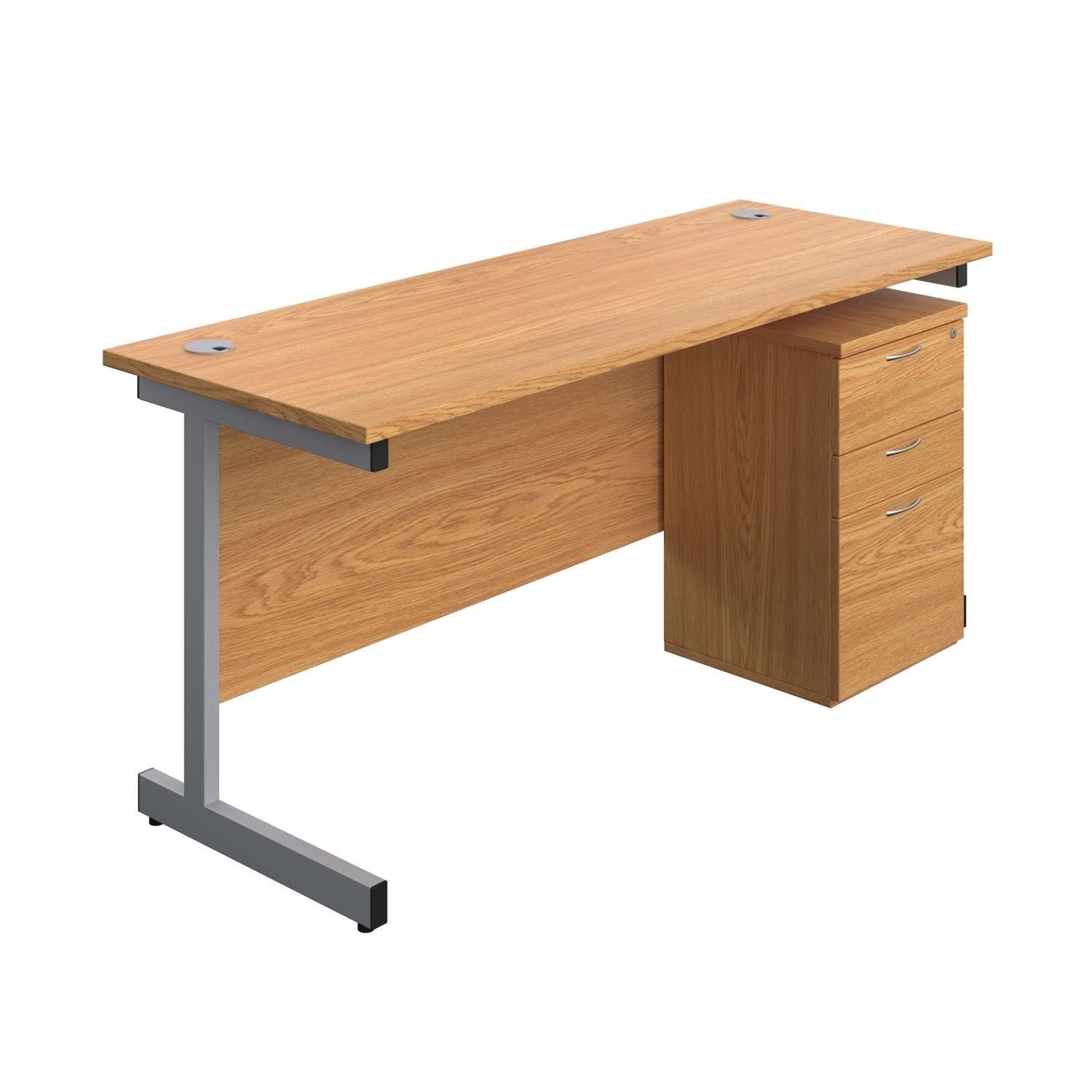 Single Upright Rectangular Desk + High Mobile Pedestal 3 Drawer (FSC) | 1600 X 600 | Nova Oak/Silver