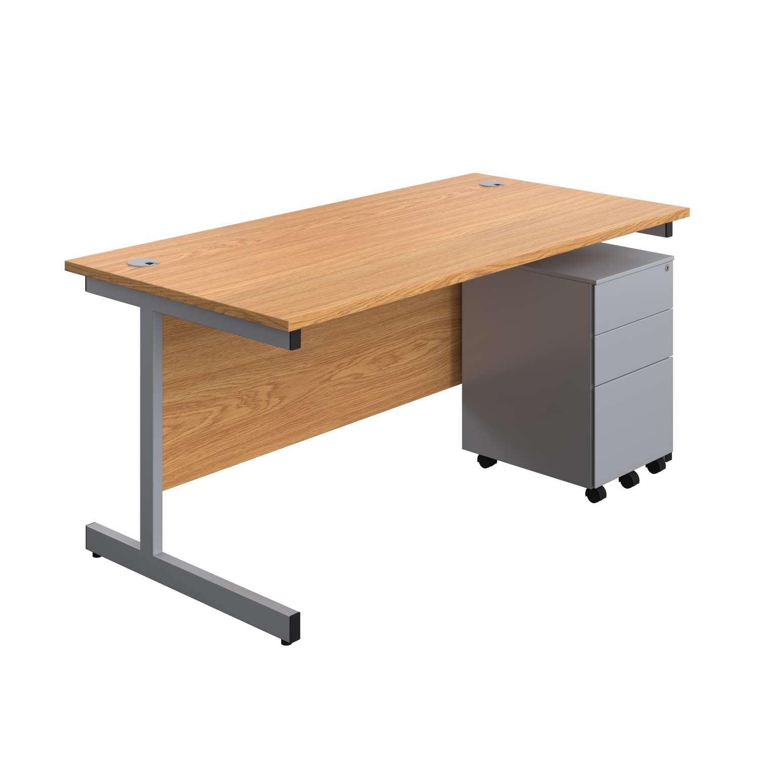 Single Upright Rectangular Desk + Under Desk Steel Pedestal 3 Drawers (FSC) | 1600 X 800 | Nova Oak/Silver