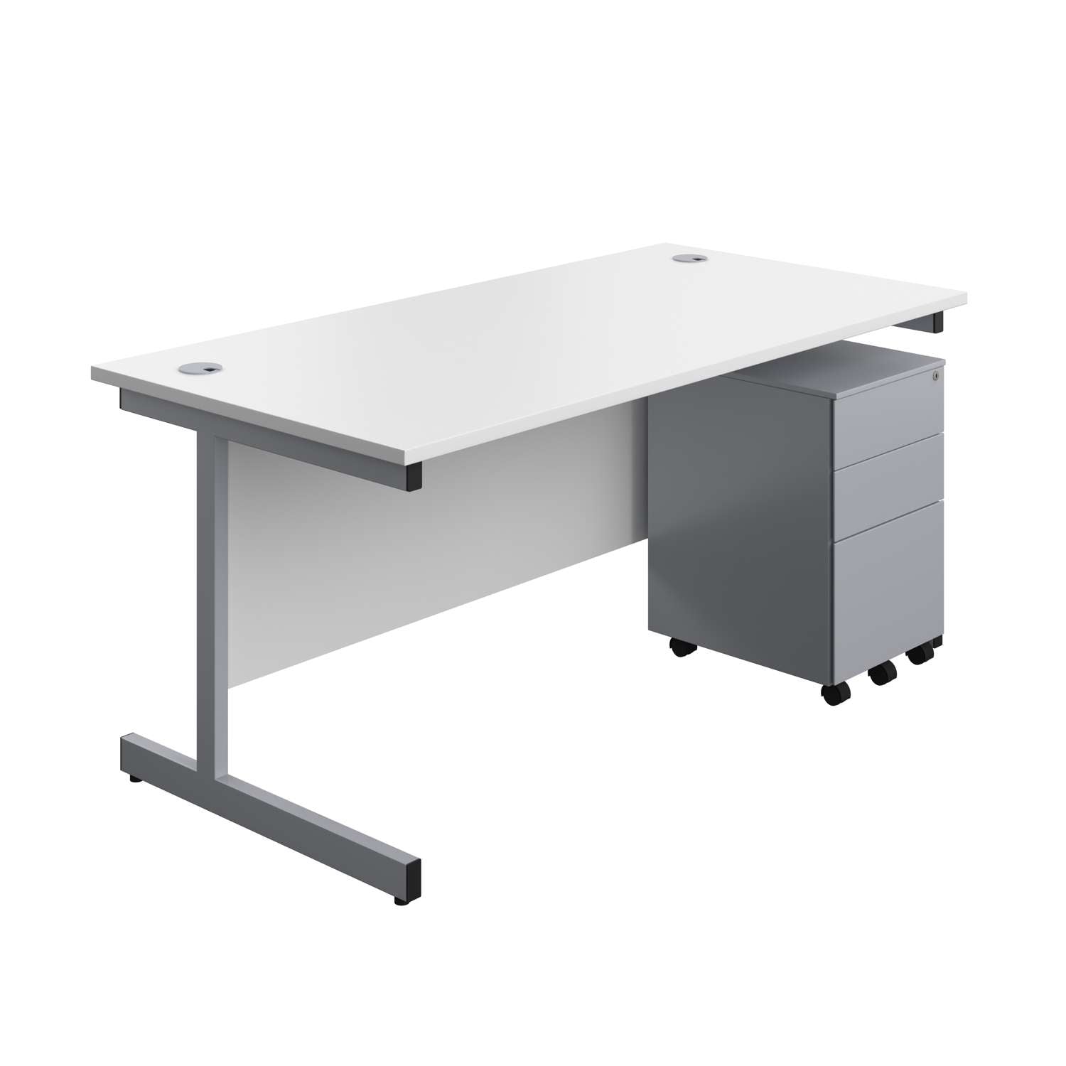 Single Upright Rectangular Desk + Under Desk Steel Pedestal 3 Drawers (FSC) | 1600 X 800 | White/Silver