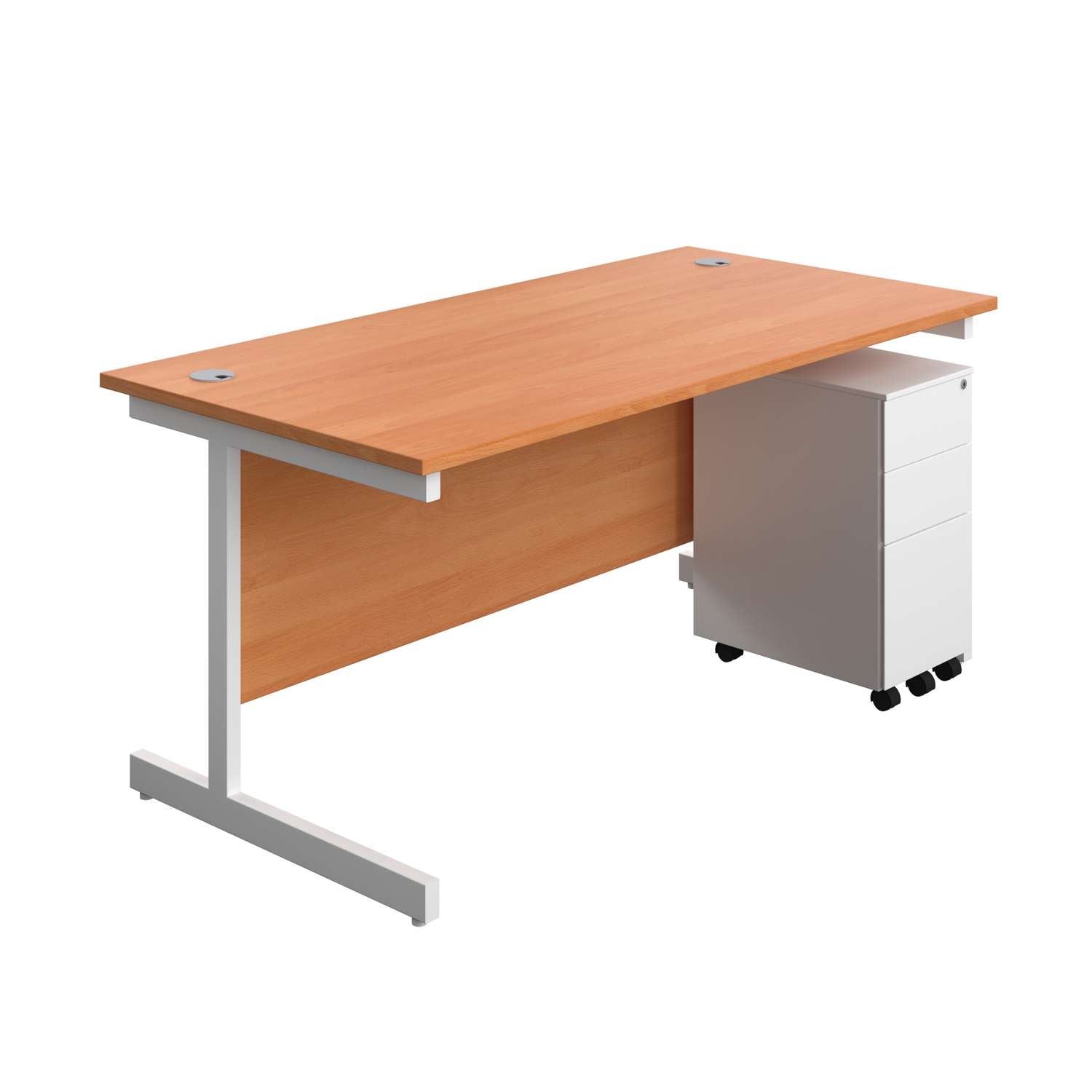 Single Upright Rectangular Desk + Slimline Steel Pedestal 3 Drawers (FSC) | 1600 X 800 | Beech/White
