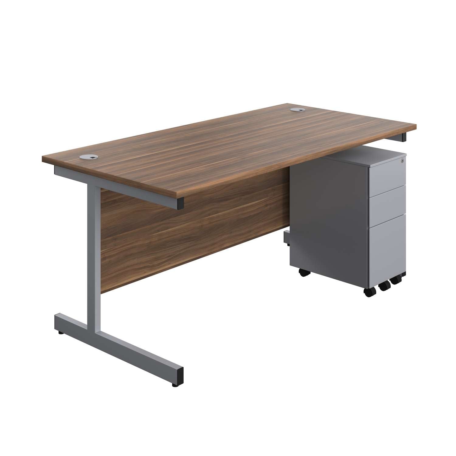 Single Upright Rectangular Desk + Slimline Steel Pedestal 3 Drawers (FSC) | 1600 X 800 | Dark Walnut/Silver