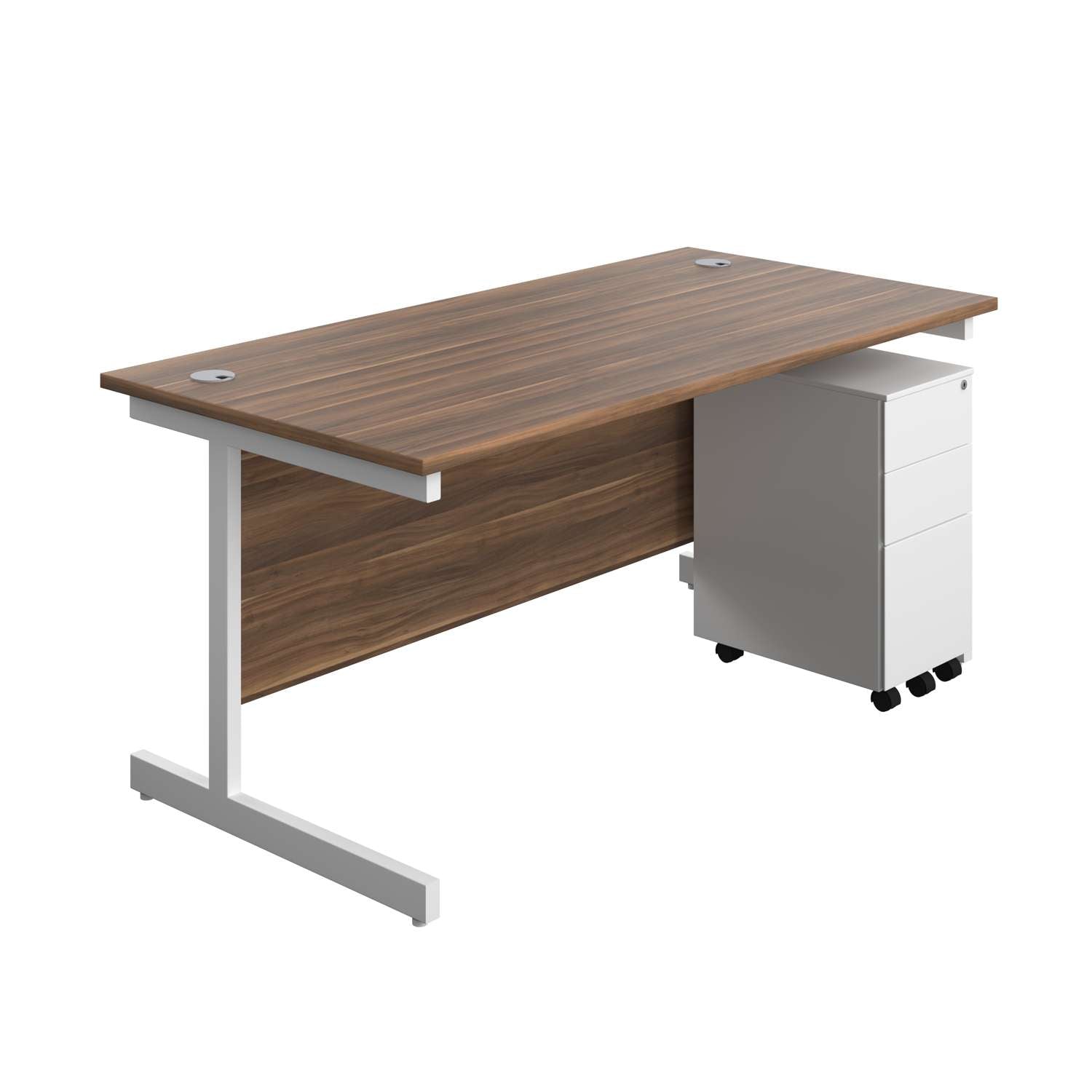 Single Upright Rectangular Desk + Slimline Steel Pedestal 3 Drawers (FSC) | 1600 X 800 | Dark Walnut/White