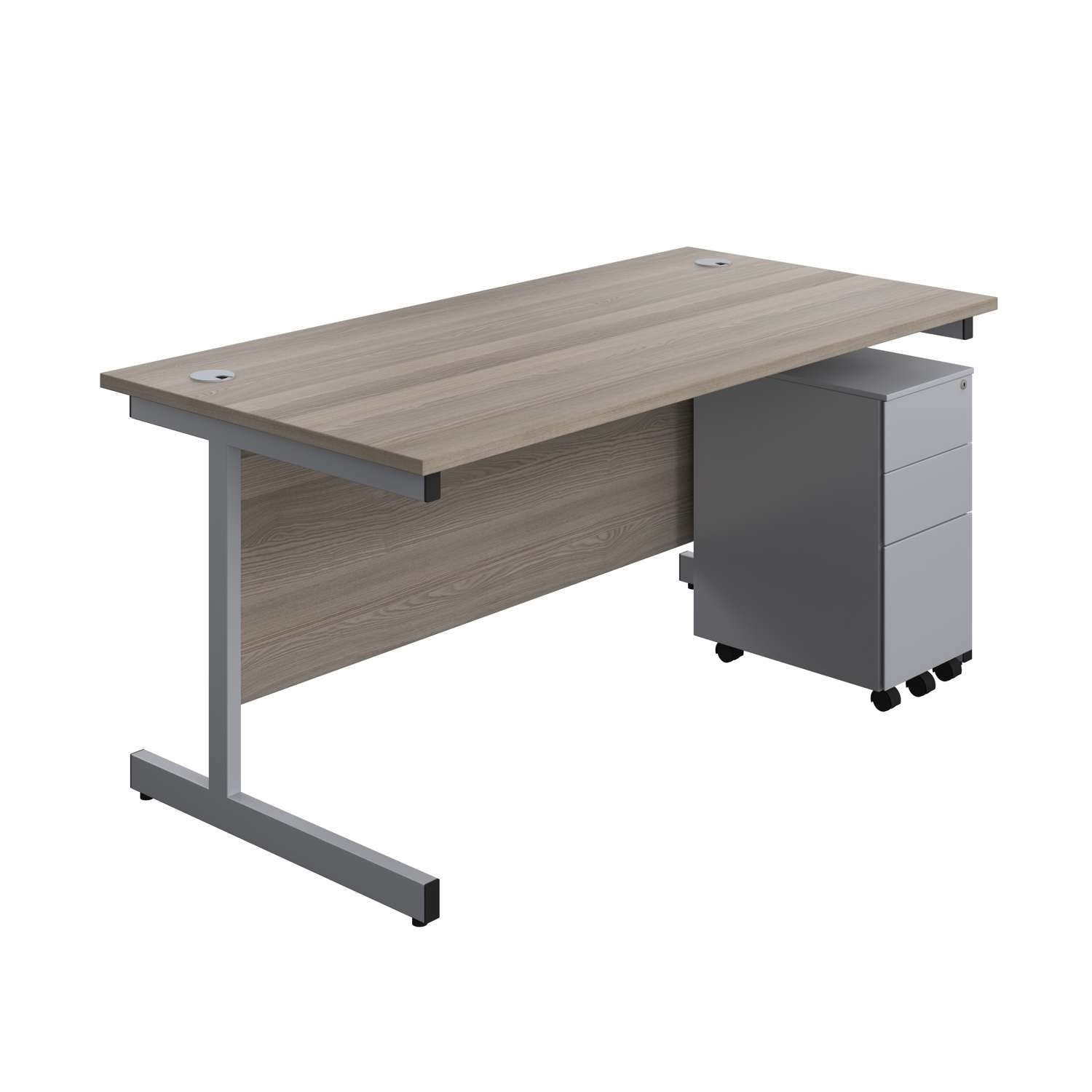 Single Upright Rectangular Desk + Slimline Steel Pedestal 3 Drawers (FSC) | 1600 X 800 | Grey Oak/Silver