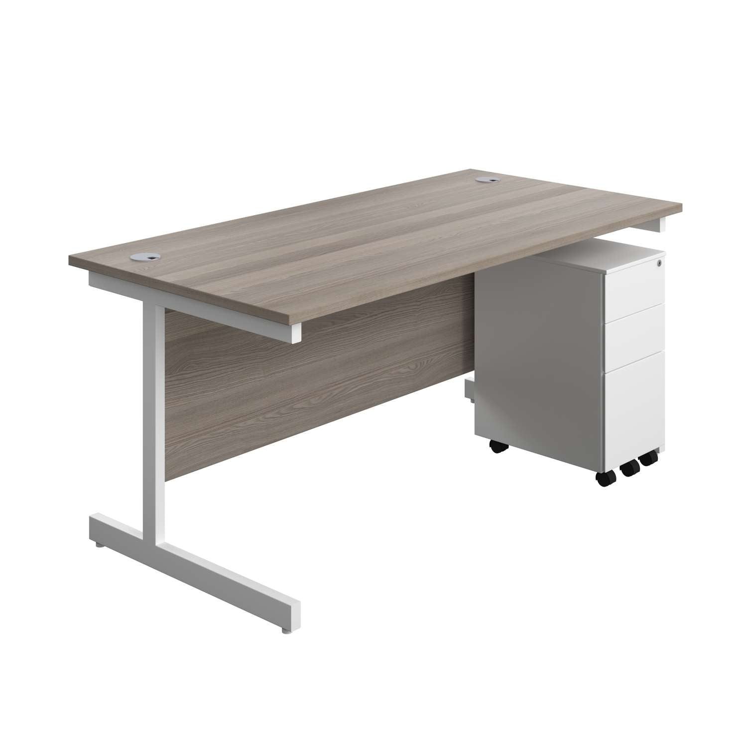Single Upright Rectangular Desk + Slimline Steel Pedestal 3 Drawers (FSC) | 1600 X 800 | Grey Oak/White