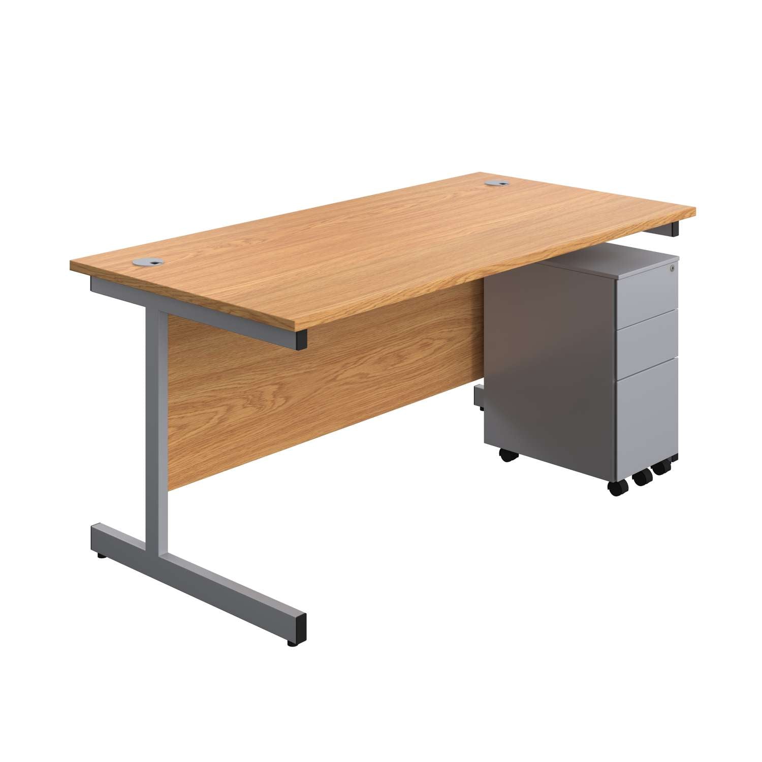 Single Upright Rectangular Desk + Slimline Steel Pedestal 3 Drawers (FSC) | 1600 X 800 | Nova Oak/Silver