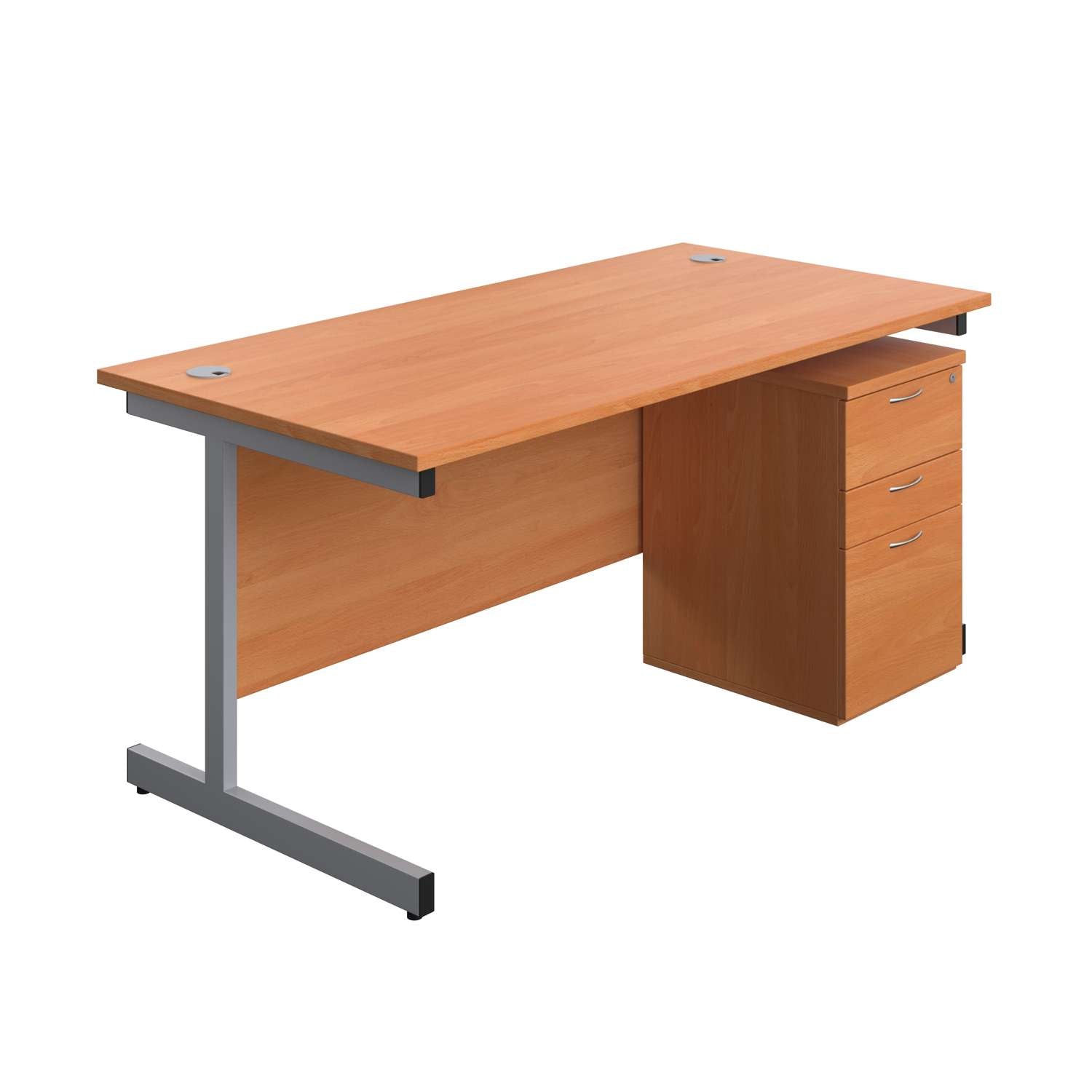 Single Upright Rectangular Desk + High Mobile Pedestal 3 Drawer (FSC) | 1600 X 800 | Beech/Silver