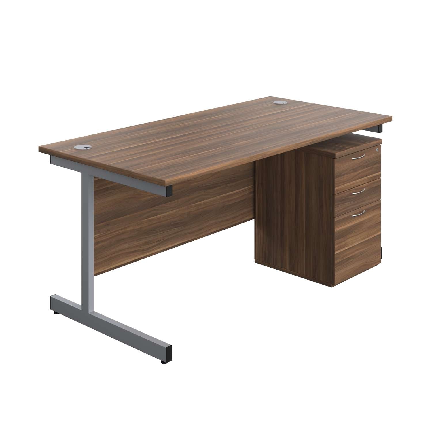 Single Upright Rectangular Desk + High Mobile Pedestal 3 Drawer (FSC) | 1600 X 800 | Dark Walnut/Silver