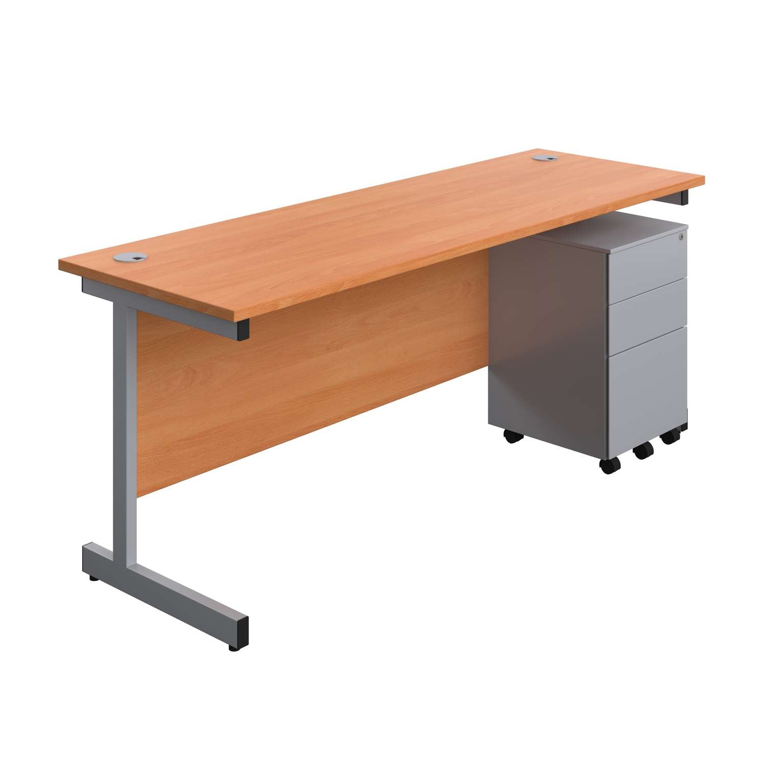 Single Upright Rectangular Desk + Under Desk Steel Pedestal 3 Drawers (FSC) | 1800 X 600 | Beech/Silver