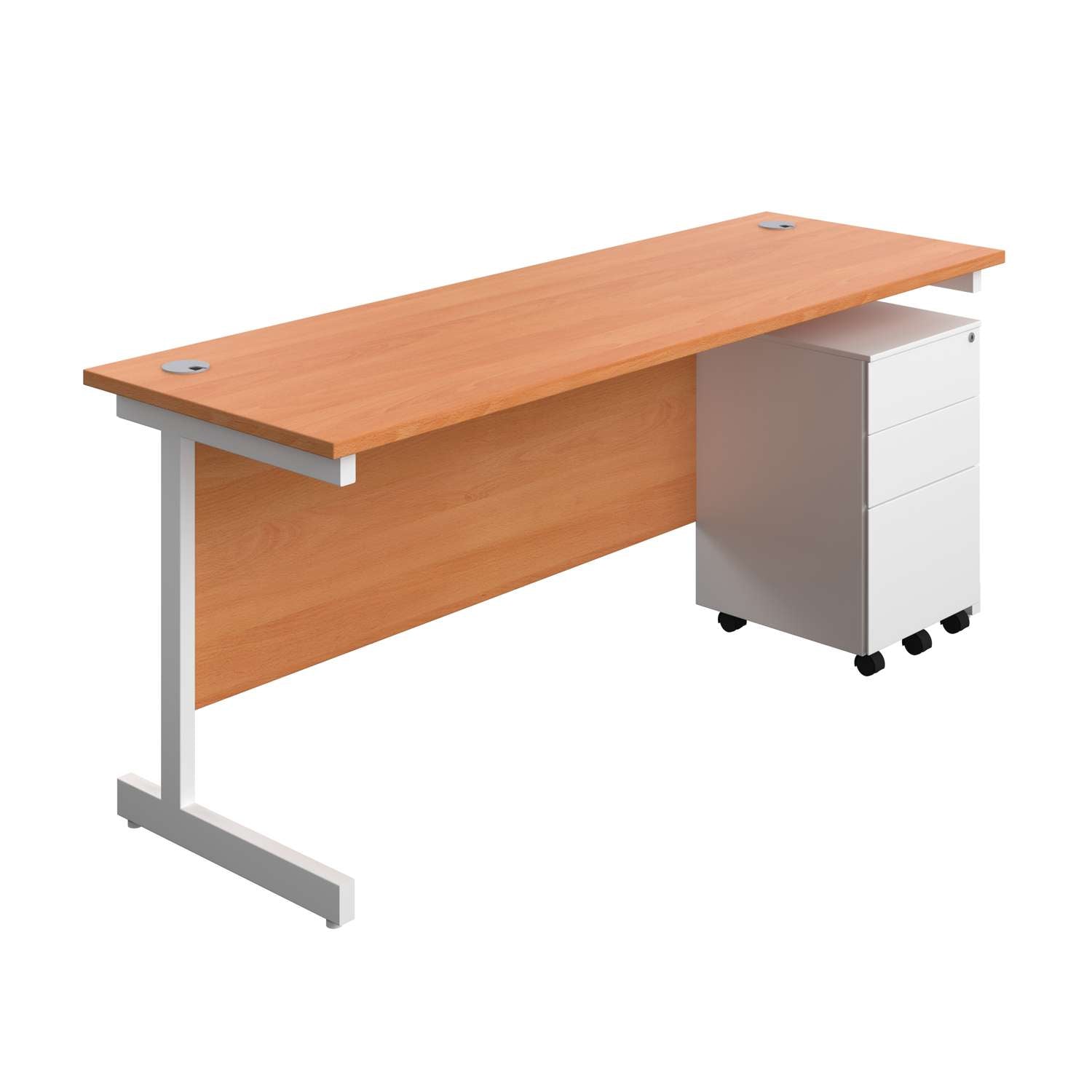 Single Upright Rectangular Desk + Under Desk Steel Pedestal 3 Drawers (FSC) | 1800 X 600 | Beech/White