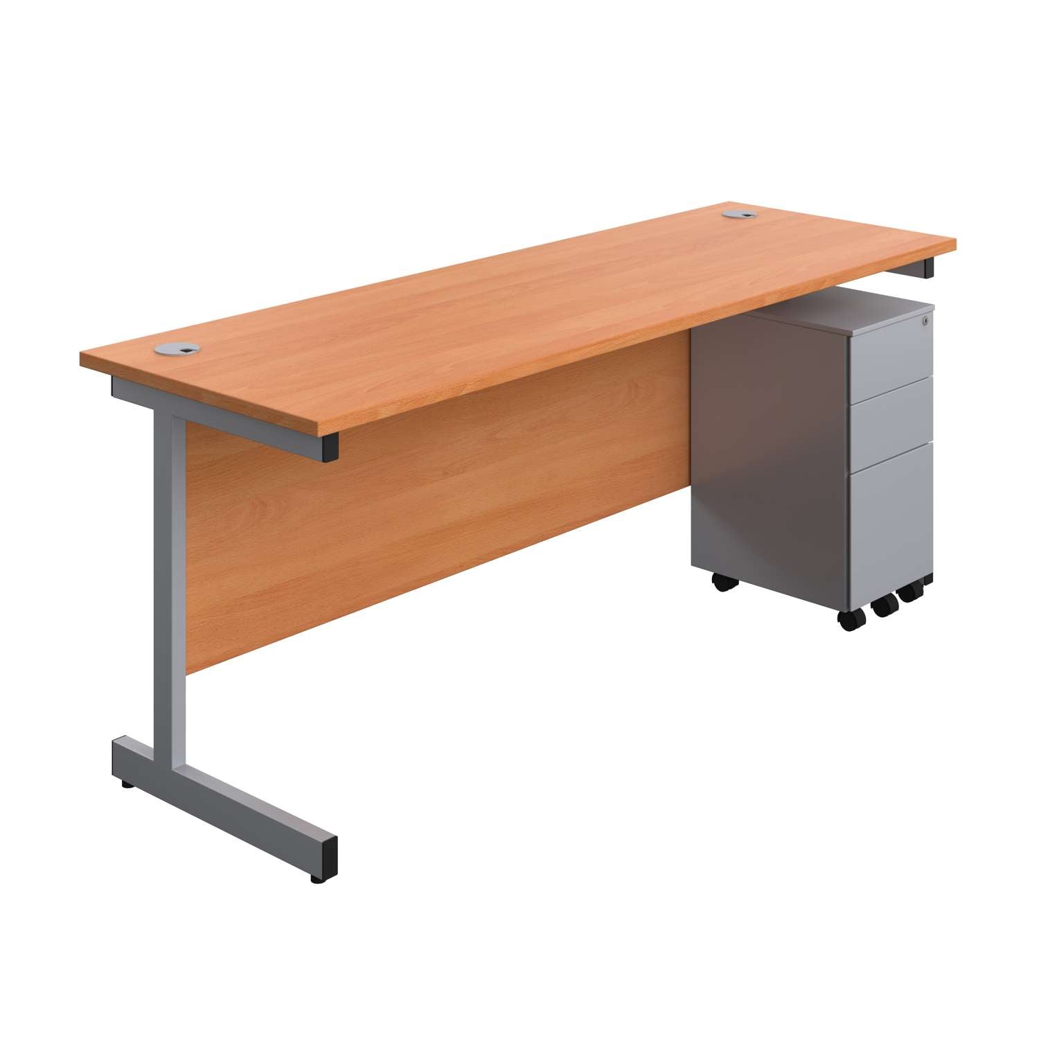 Single Upright Rectangular Desk + Slimline Steel Pedestal 3 Drawers (FSC) | 1800 X 600 | Beech/Silver