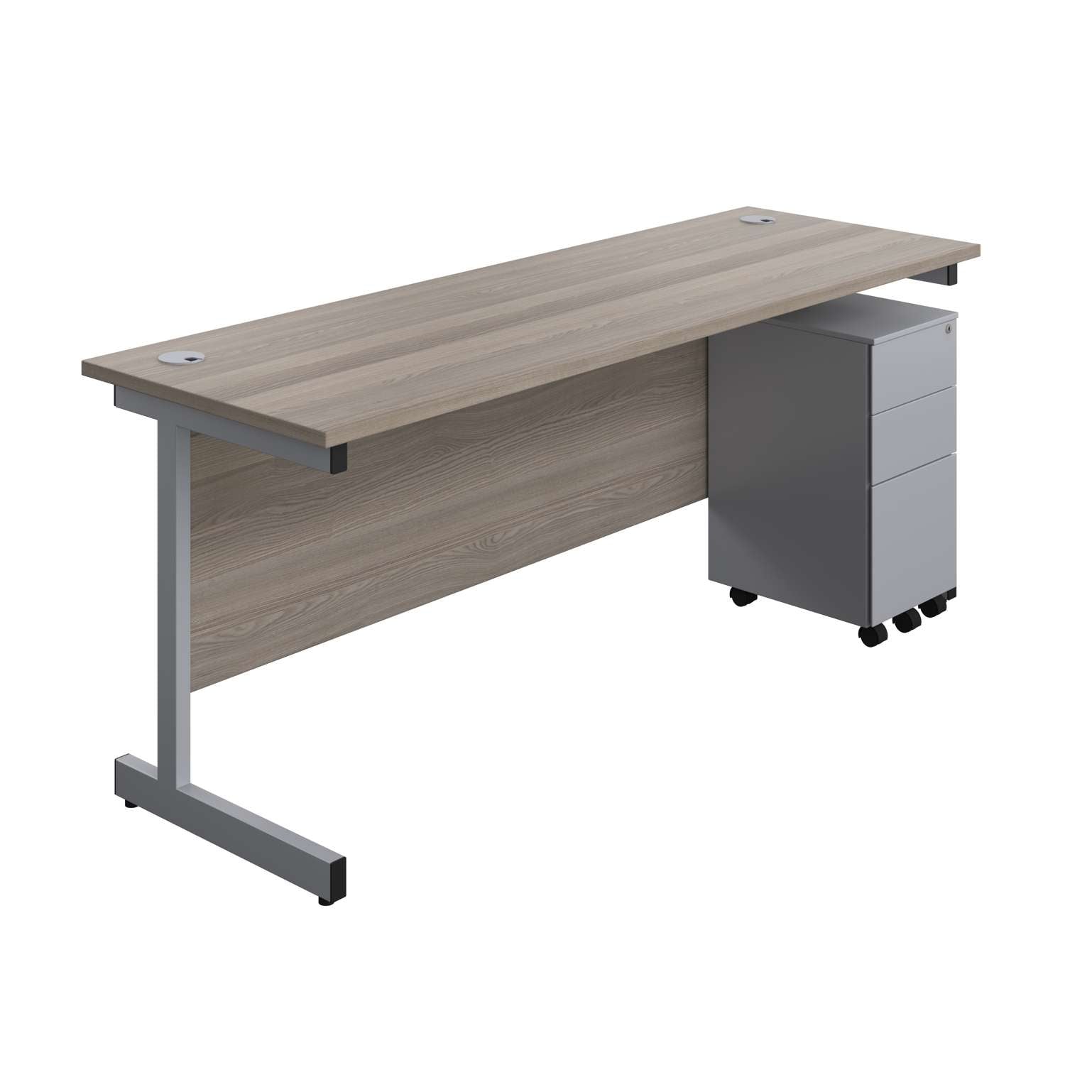 Single Upright Rectangular Desk + Slimline Steel Pedestal 3 Drawers (FSC) | 1800 X 600 | Grey Oak/Silver