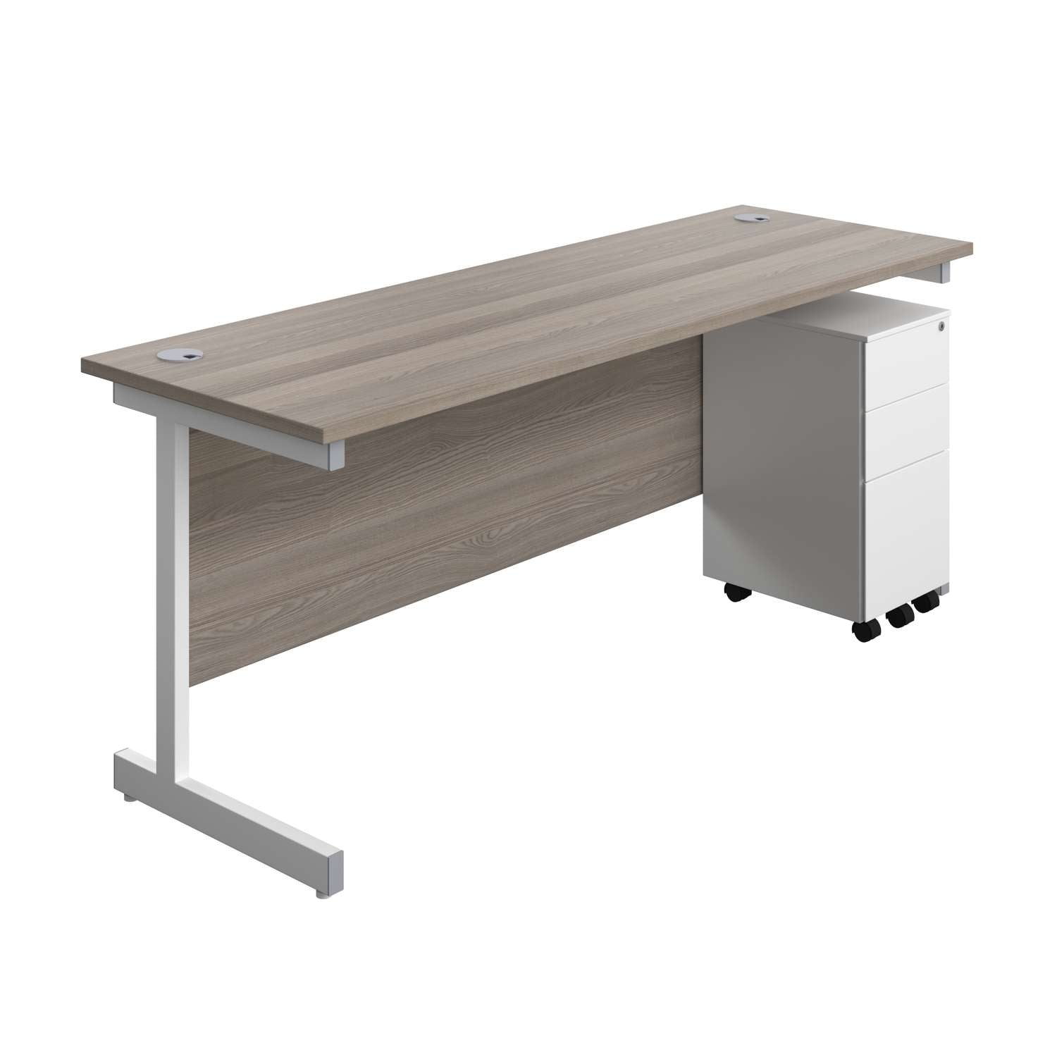 Single Upright Rectangular Desk + Slimline Steel Pedestal 3 Drawers (FSC) | 1800 X 600 | Grey Oak/White