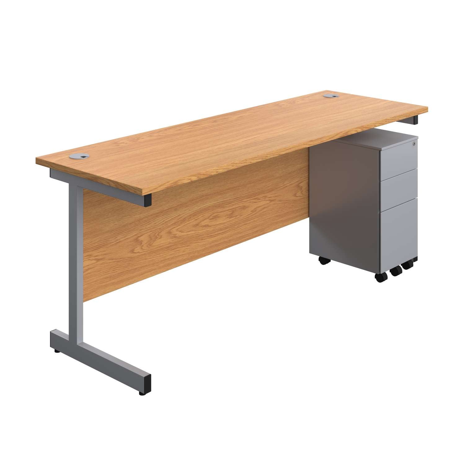 Single Upright Rectangular Desk + Slimline Steel Pedestal 3 Drawers (FSC) | 1800 X 600 | Nova Oak/Silver