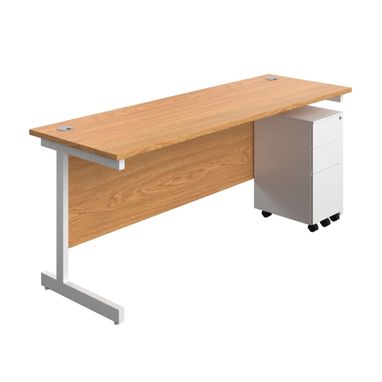 Single Upright Rectangular Desk + Slimline Steel Pedestal 3 Drawers (FSC) | 1800 X 600 | Nova Oak/White