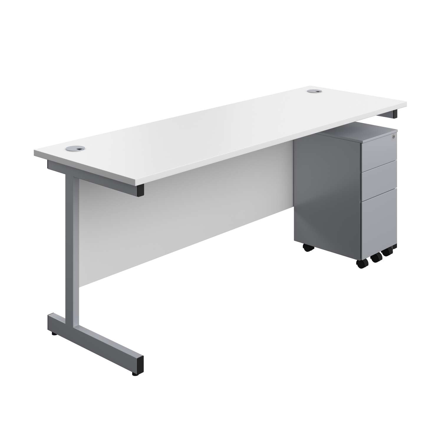 Single Upright Rectangular Desk + Slimline Steel Pedestal 3 Drawers (FSC) | 1800 X 600 | White/Silver