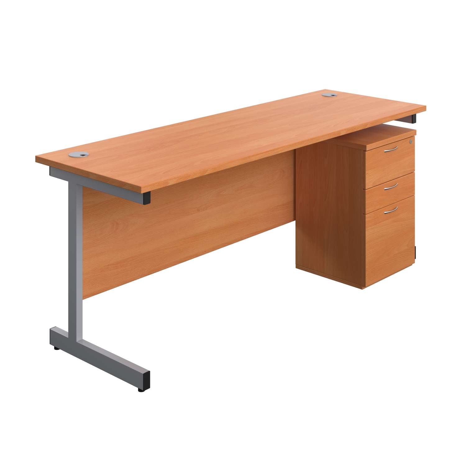 Single Upright Rectangular Desk + High Mobile Pedestal 3 Drawer (FSC) | 1800 X 600 | Beech/Silver