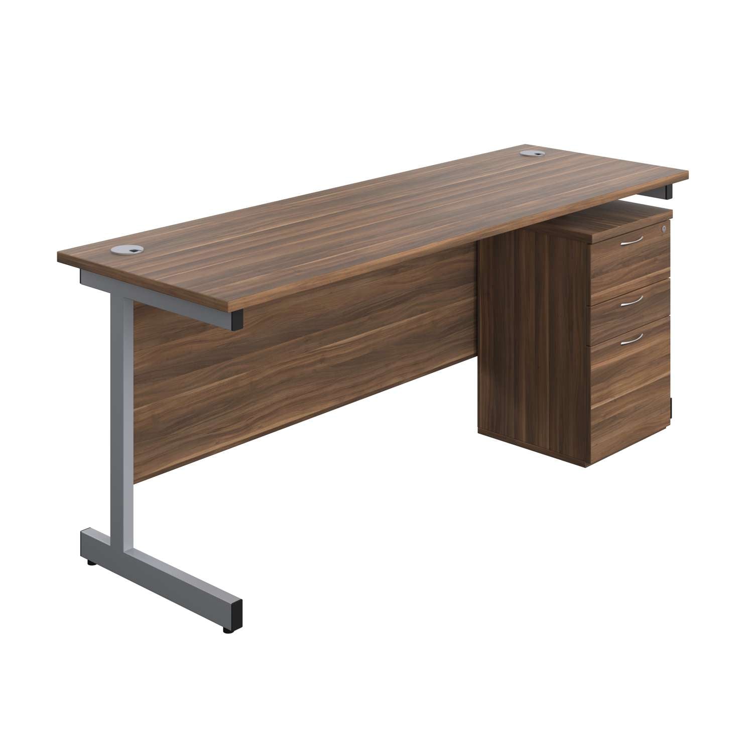 Single Upright Rectangular Desk + High Mobile Pedestal 3 Drawer (FSC) | 1800 X 600 | Dark Walnut/Silver