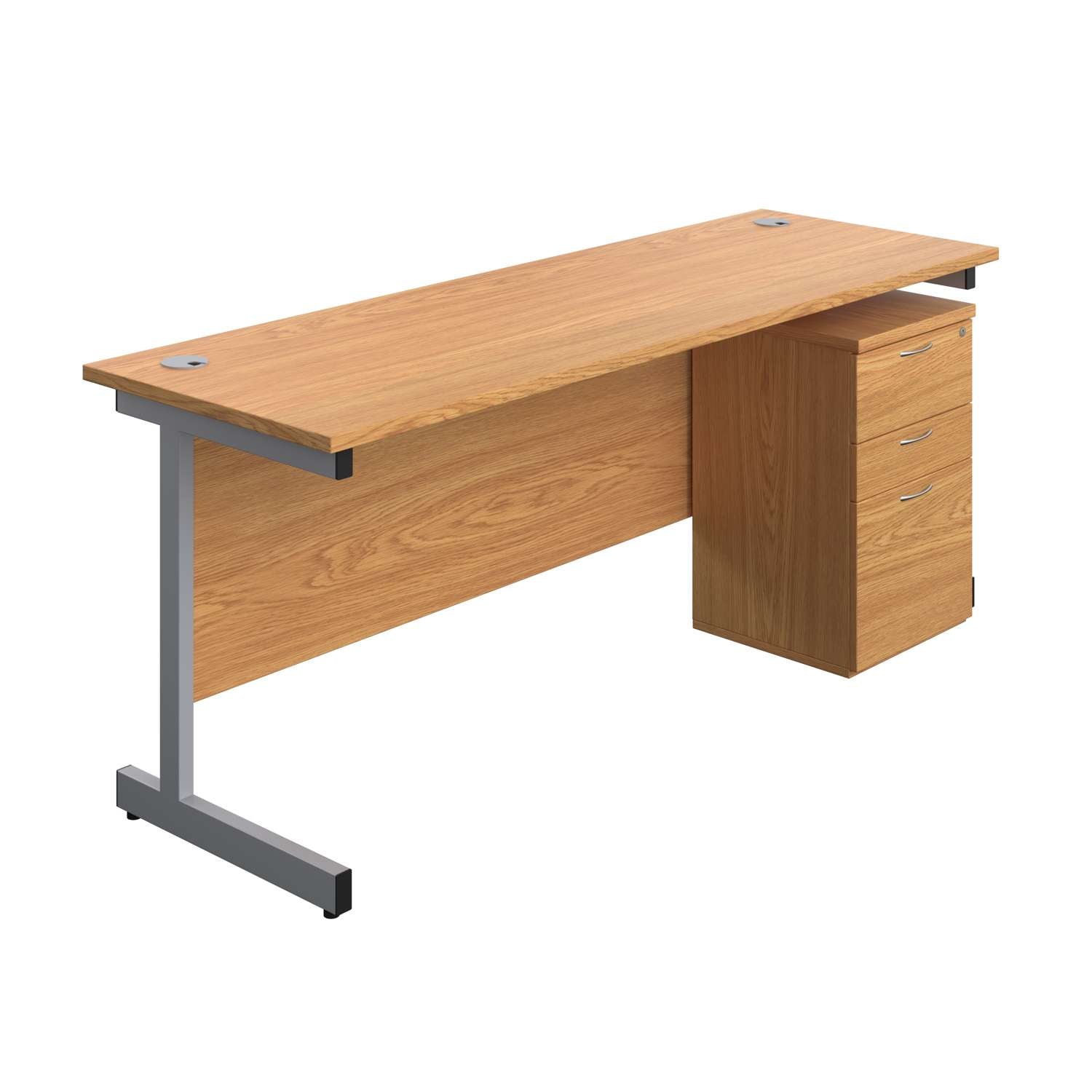 Single Upright Rectangular Desk + High Mobile Pedestal 3 Drawer (FSC) | 1800 X 600 | Nova Oak/Silver