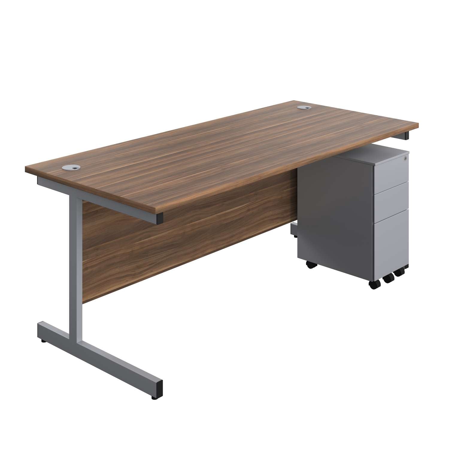 Single Upright Rectangular Desk + Slimline Steel Pedestal 3 Drawers (FSC) | 1800 X 800 | Dark Walnut/Silver