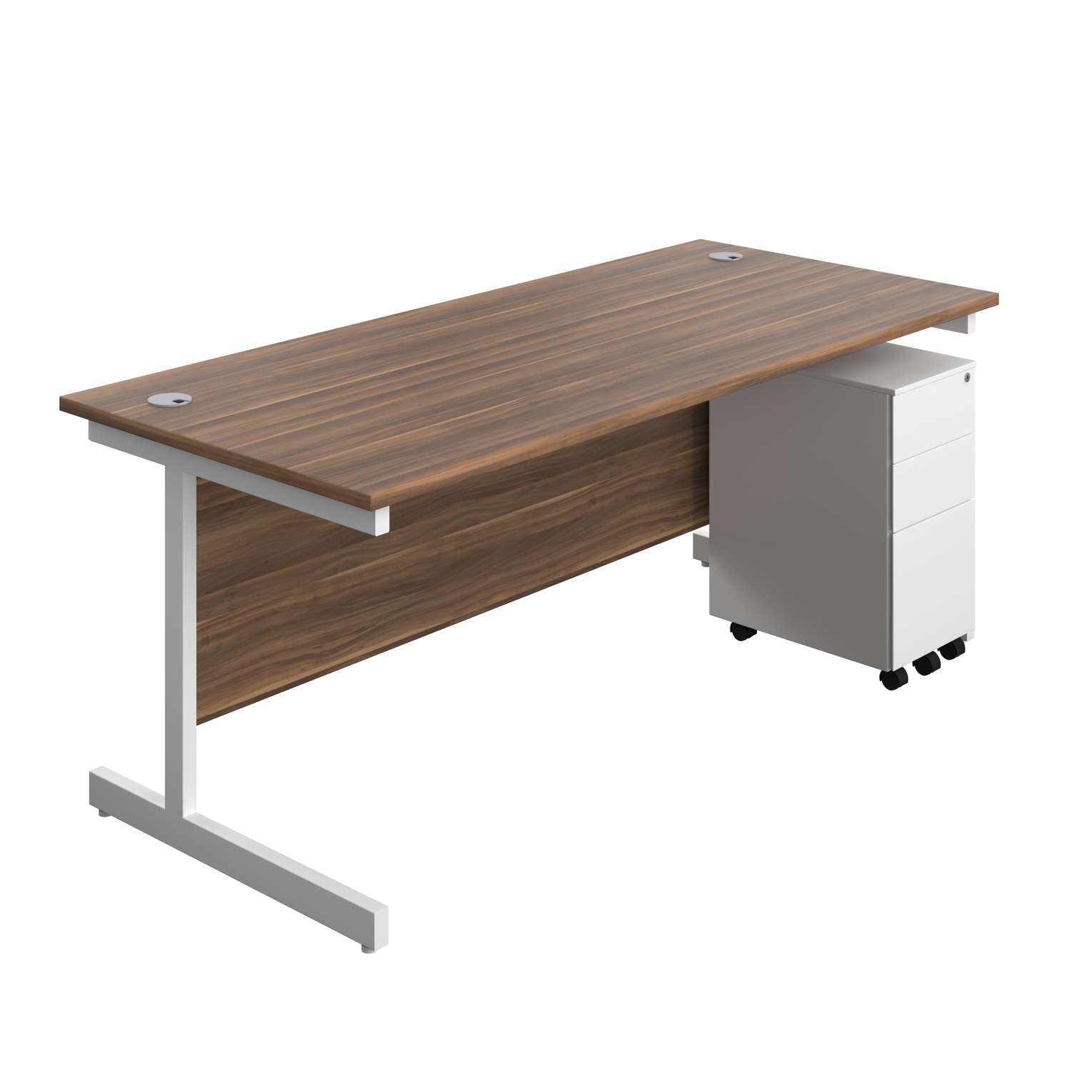 Single Upright Rectangular Desk + Slimline Steel Pedestal 3 Drawers (FSC) | 1800 X 800 | Dark Walnut/White