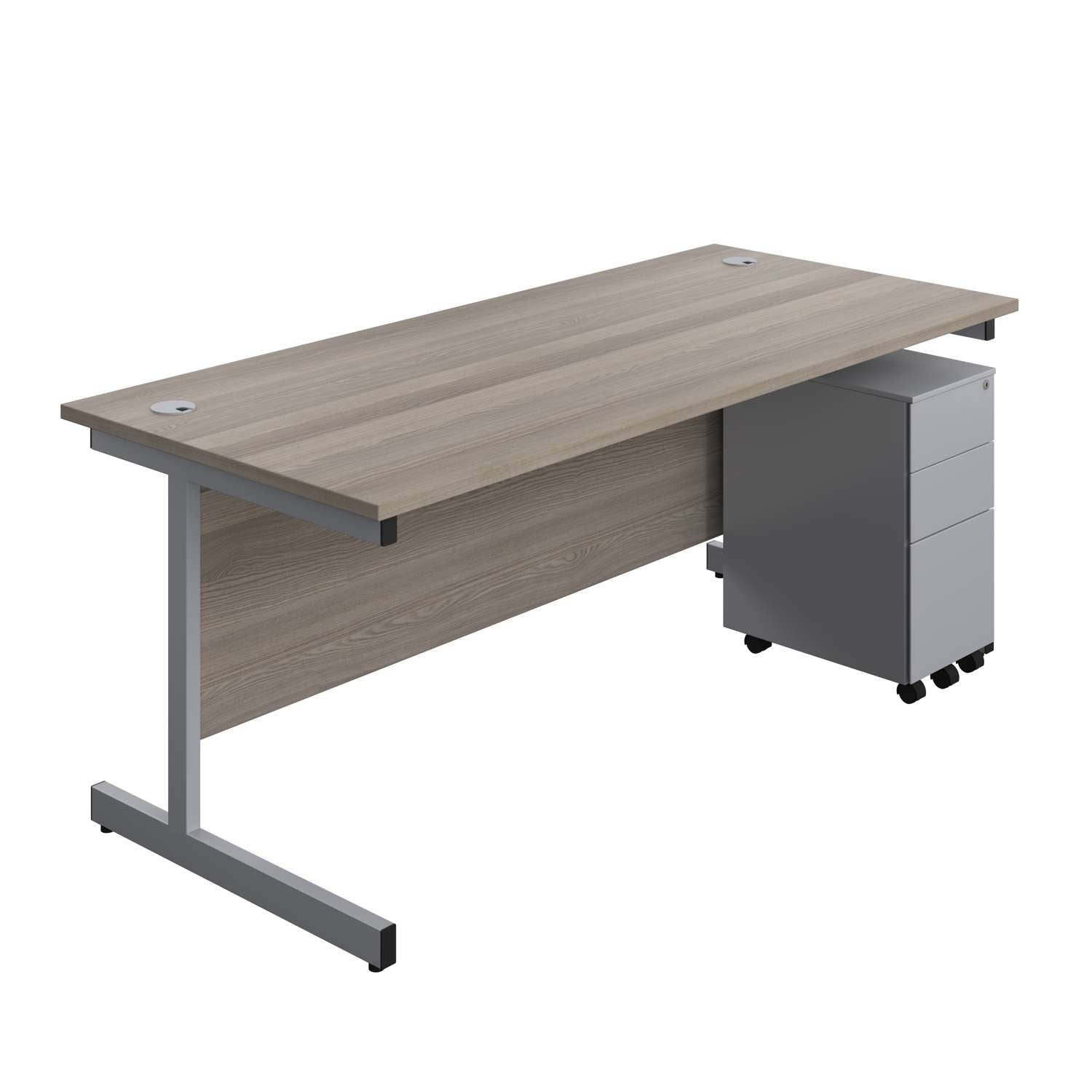 Single Upright Rectangular Desk + Slimline Steel Pedestal 3 Drawers (FSC) | 1800 X 800 | Grey Oak/Silver
