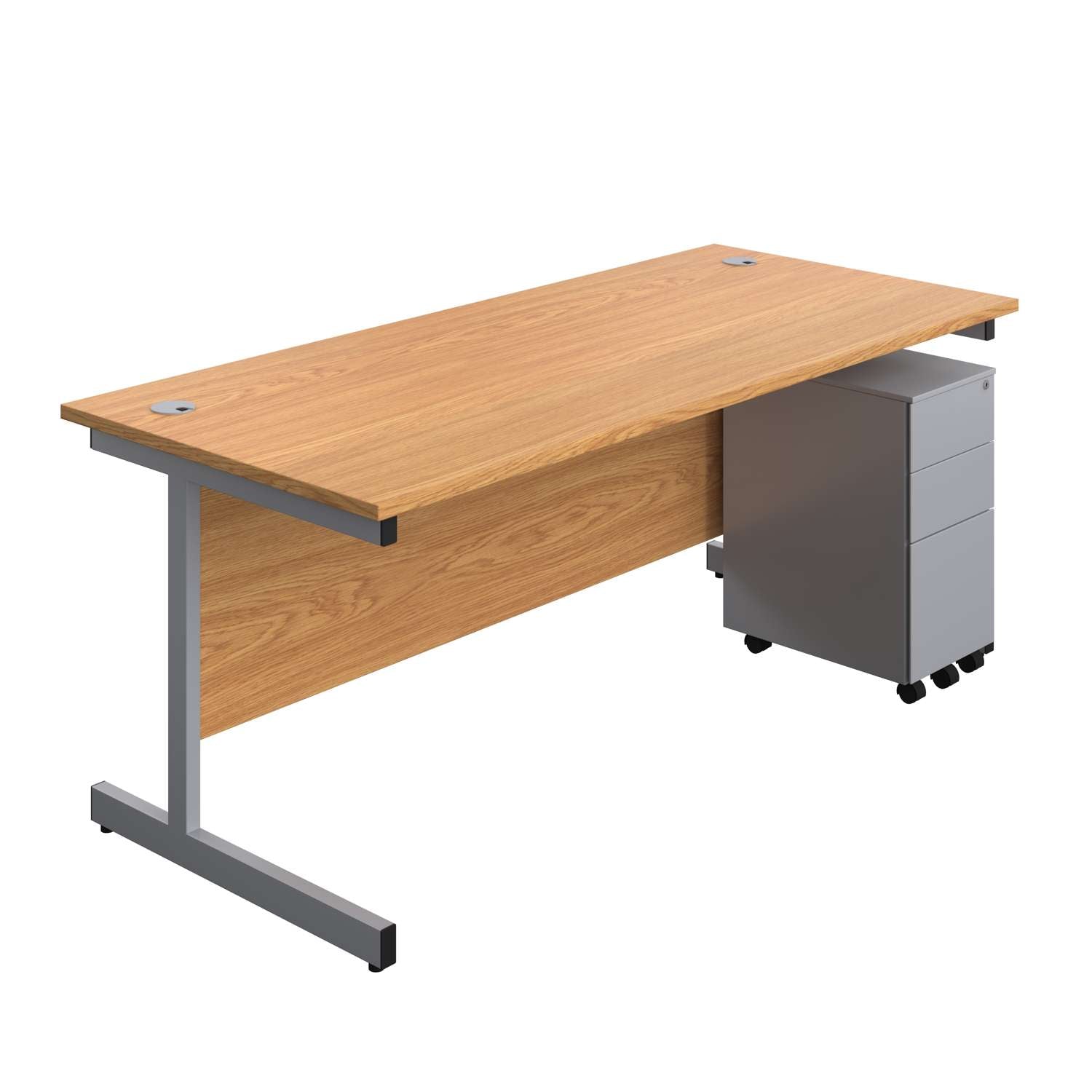 Single Upright Rectangular Desk + Slimline Steel Pedestal 3 Drawers (FSC) | 1800 X 800 | Nova Oak/Silver