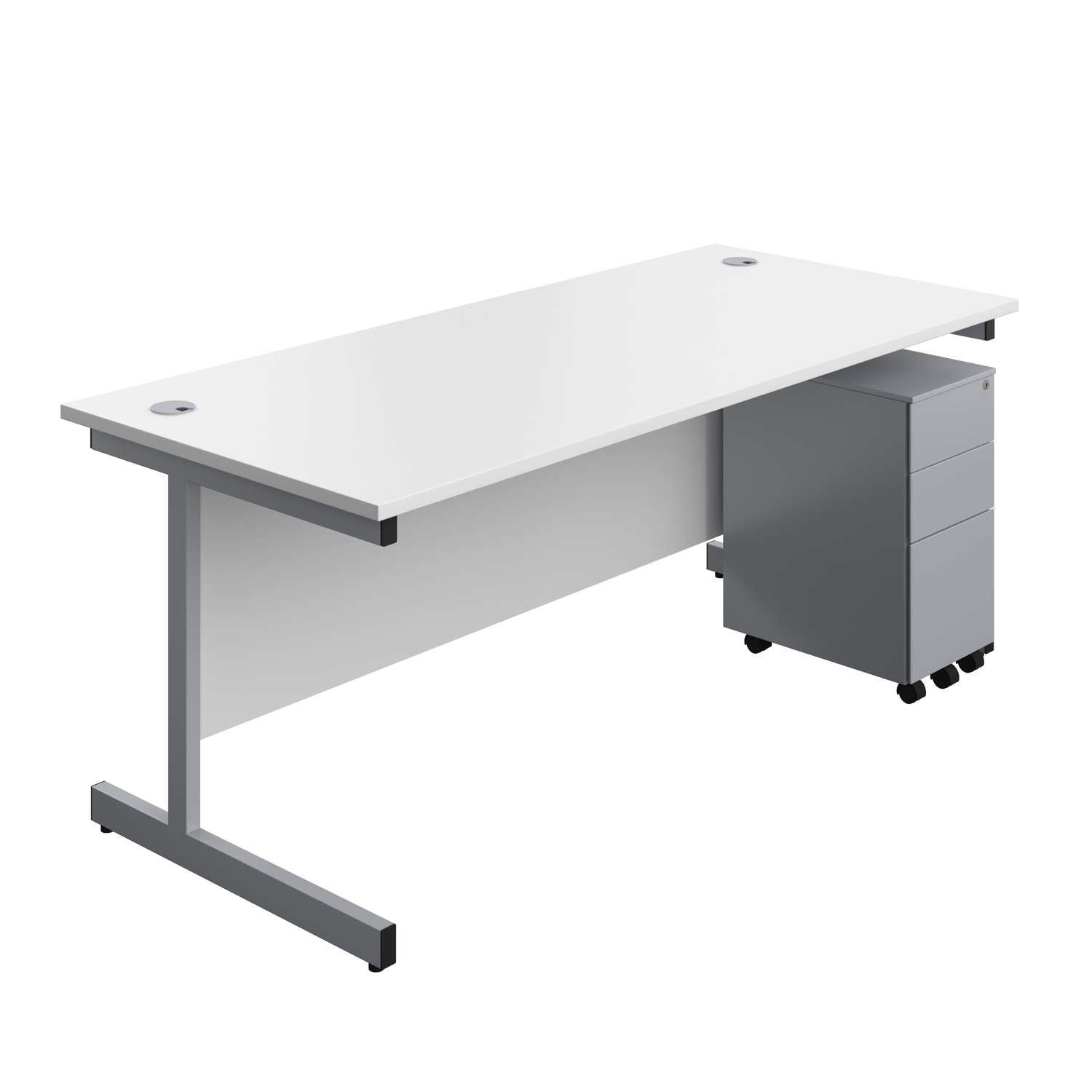 Single Upright Rectangular Desk + Slimline Steel Pedestal 3 Drawers (FSC) | 1800 X 800 | White/Silver