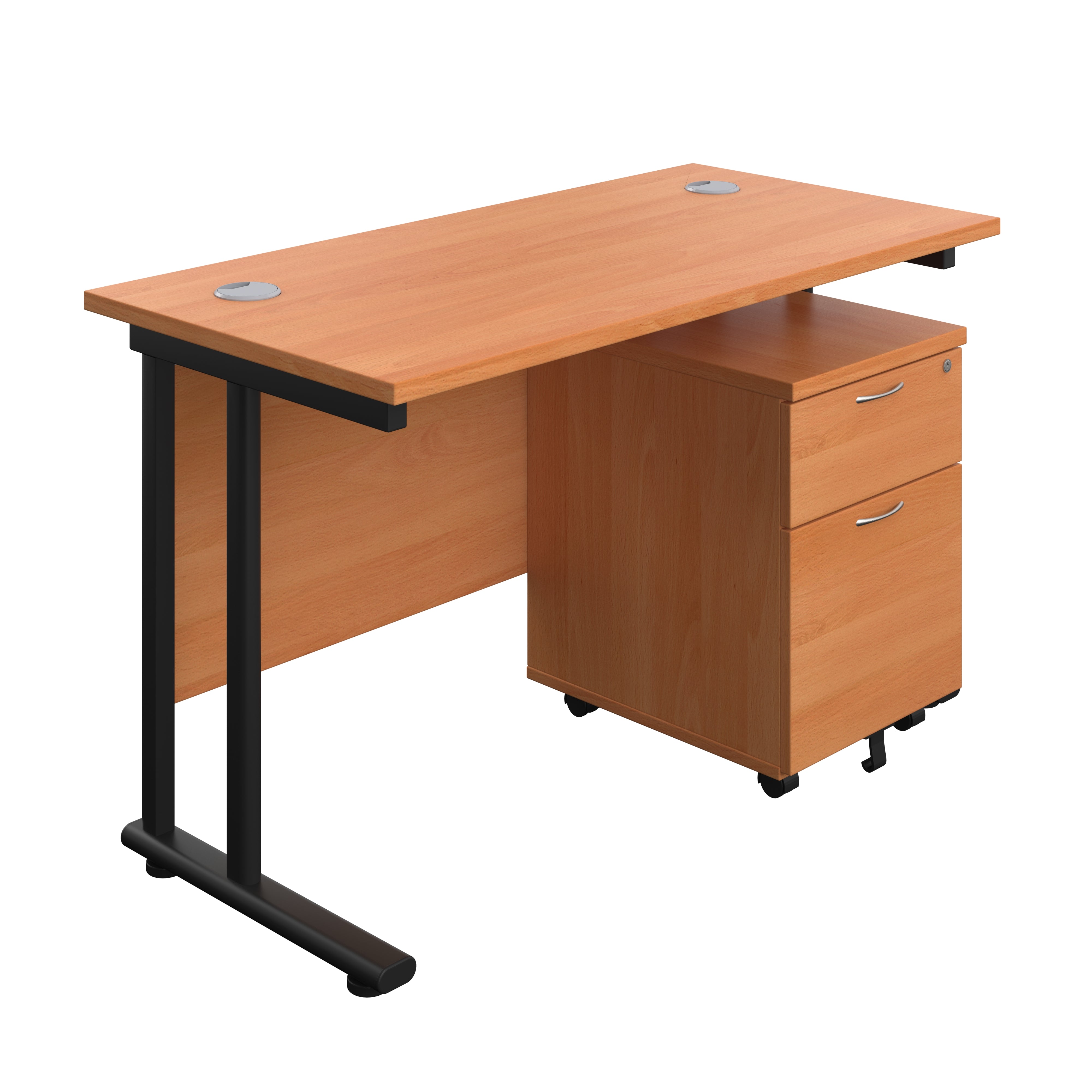 Twin Upright Rectangular Desk + Mobile 2 Drawer Pedestal (FSC) | 1200X600 | Beech/Black