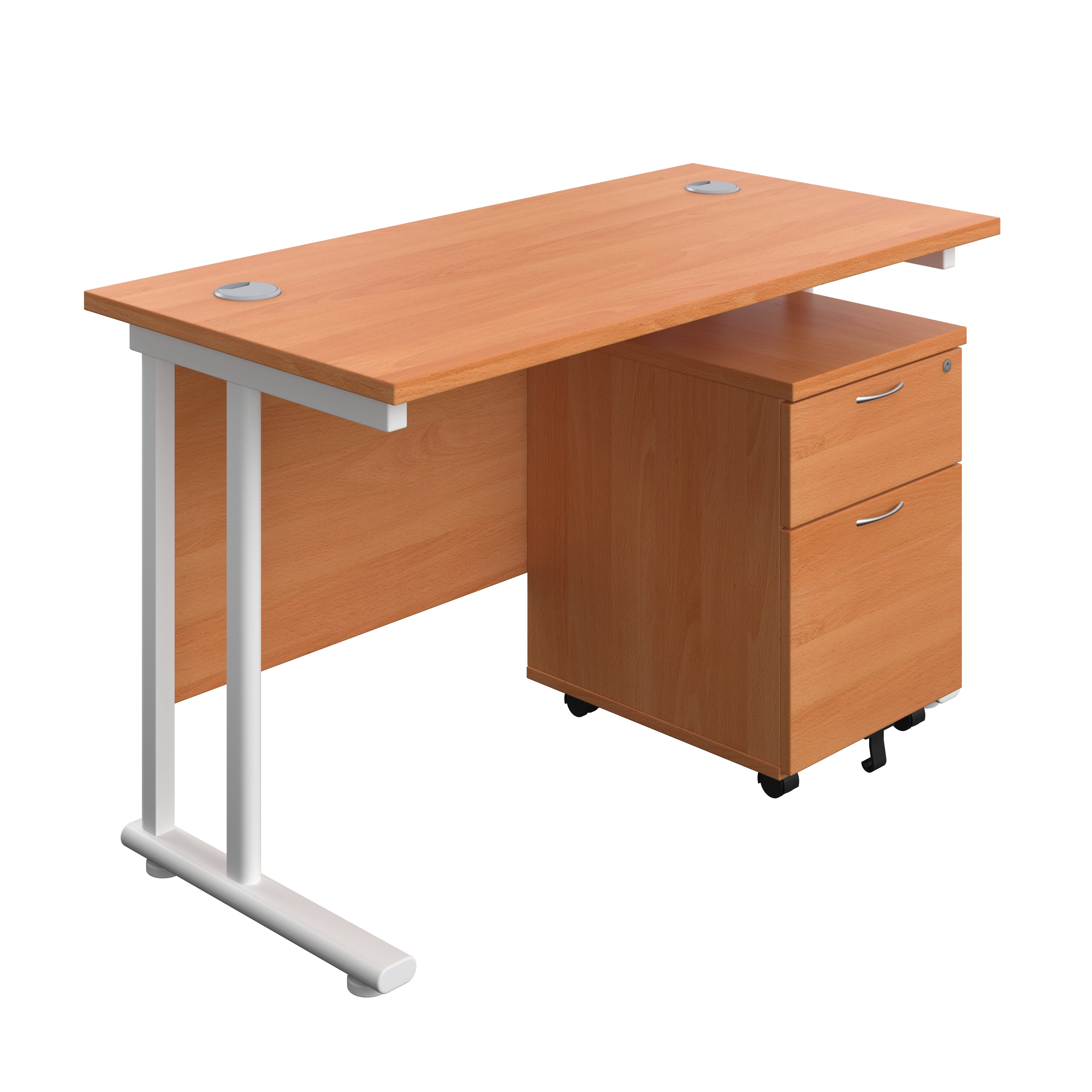 Twin Upright Rectangular Desk + Mobile 2 Drawer Pedestal (FSC) | 1200X600 | Beech/White