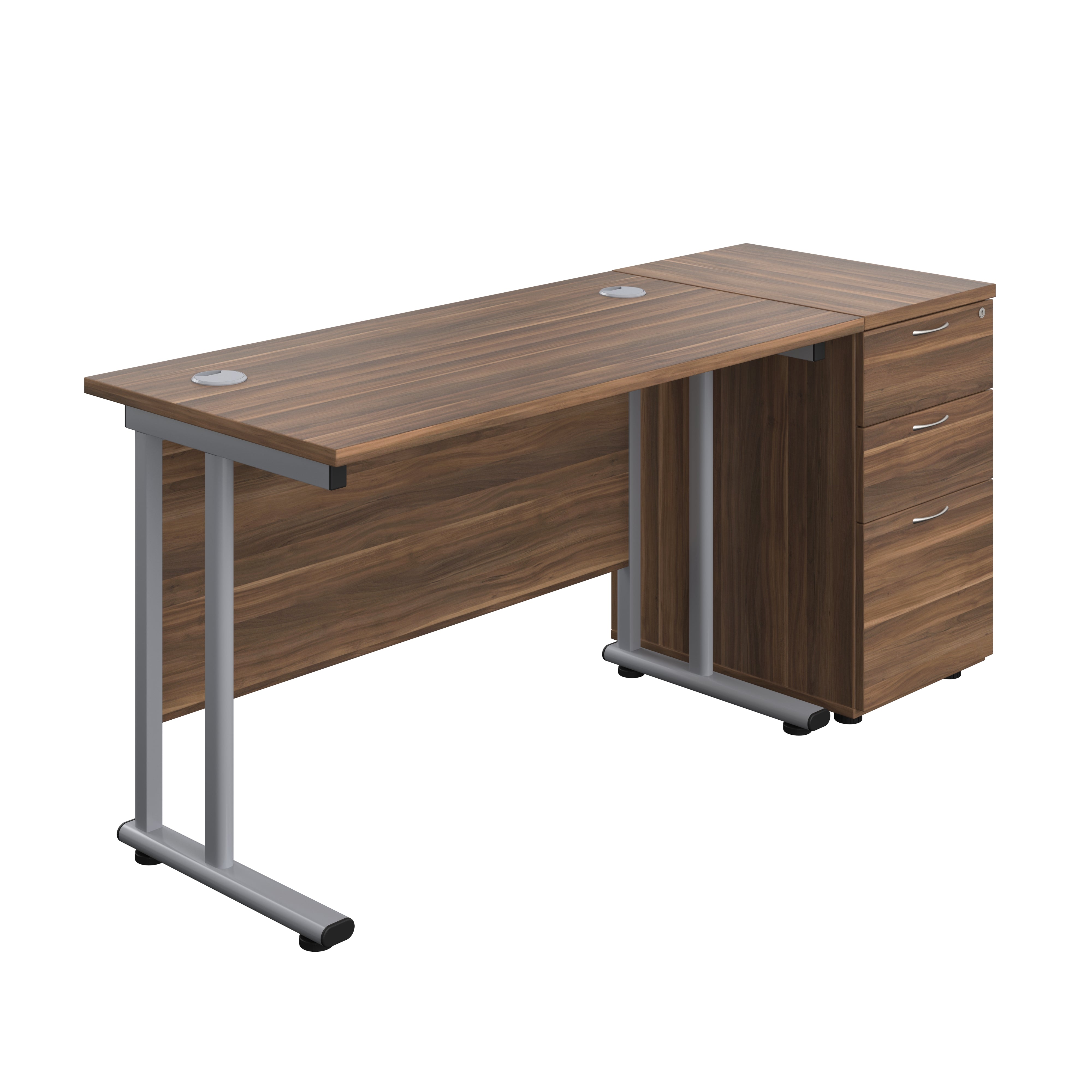 Twin Upright Rectangular Desk + Desk High 3 Drawer Pedestal (FSC) | 1200X600 | Dark Walnut/Silver