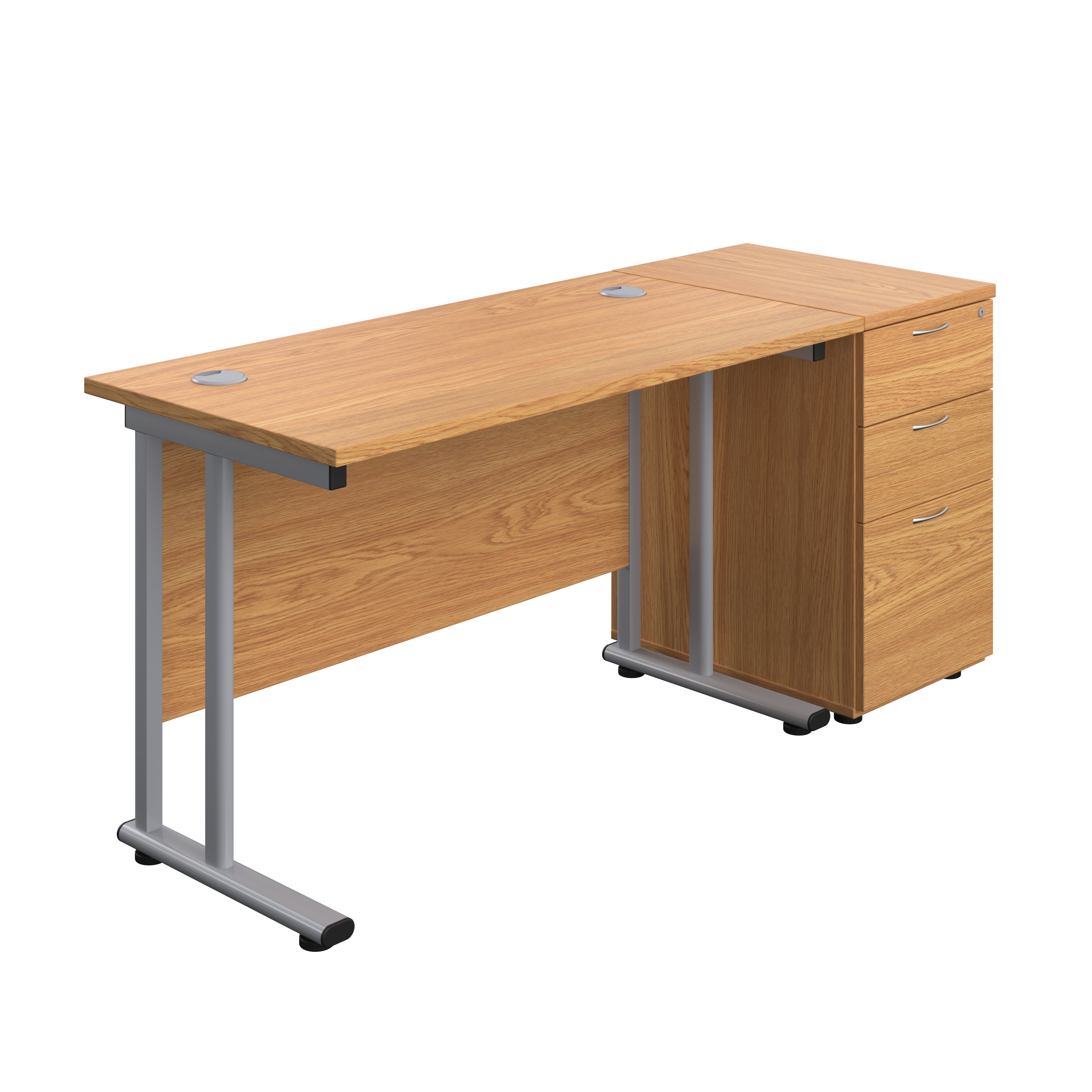 Twin Upright Rectangular Desk + Desk High 3 Drawer Pedestal (FSC) | 1200X600 | Nova Oak/Silver