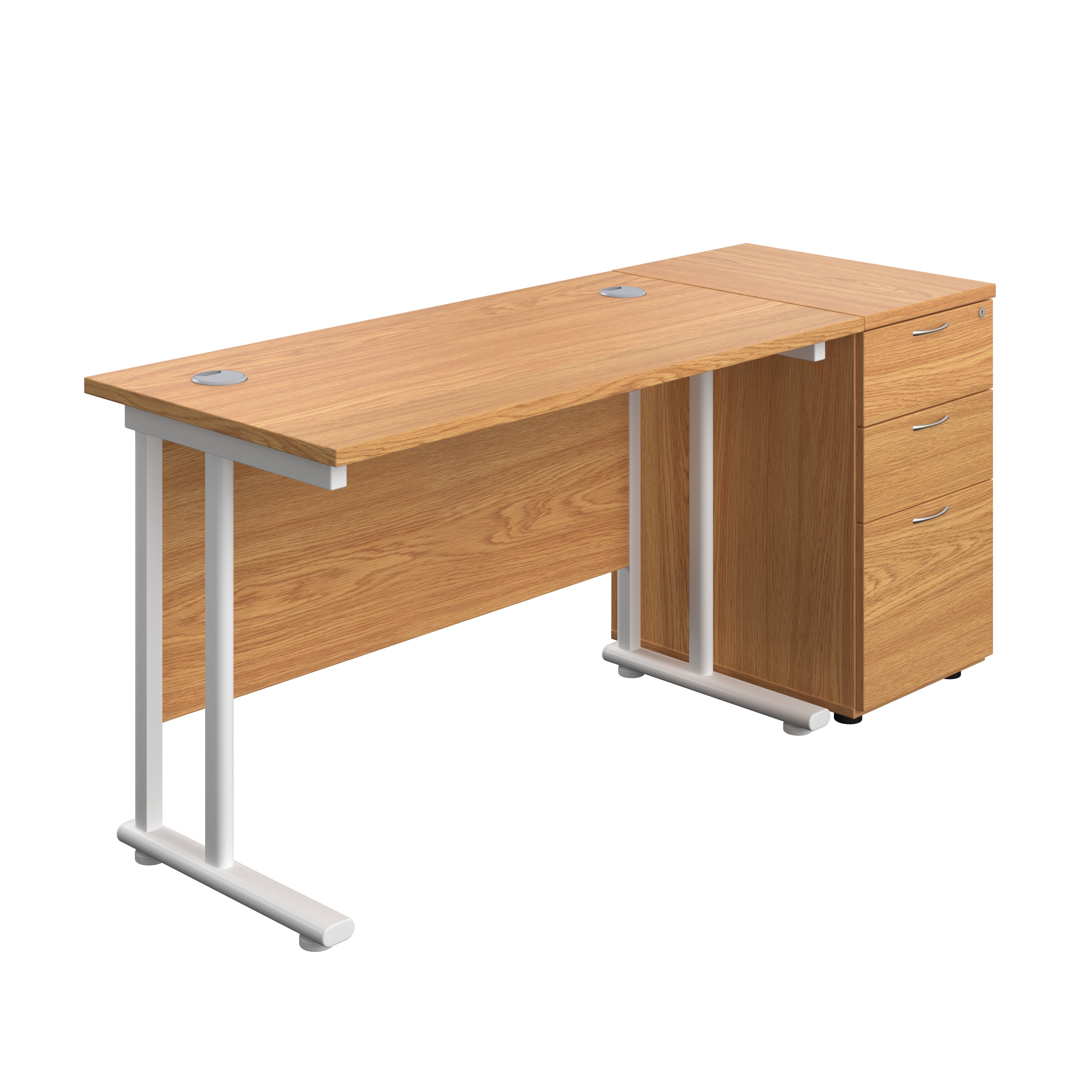 Twin Upright Rectangular Desk + Desk High 3 Drawer Pedestal (FSC) | 1200X600 | Nova Oak/White
