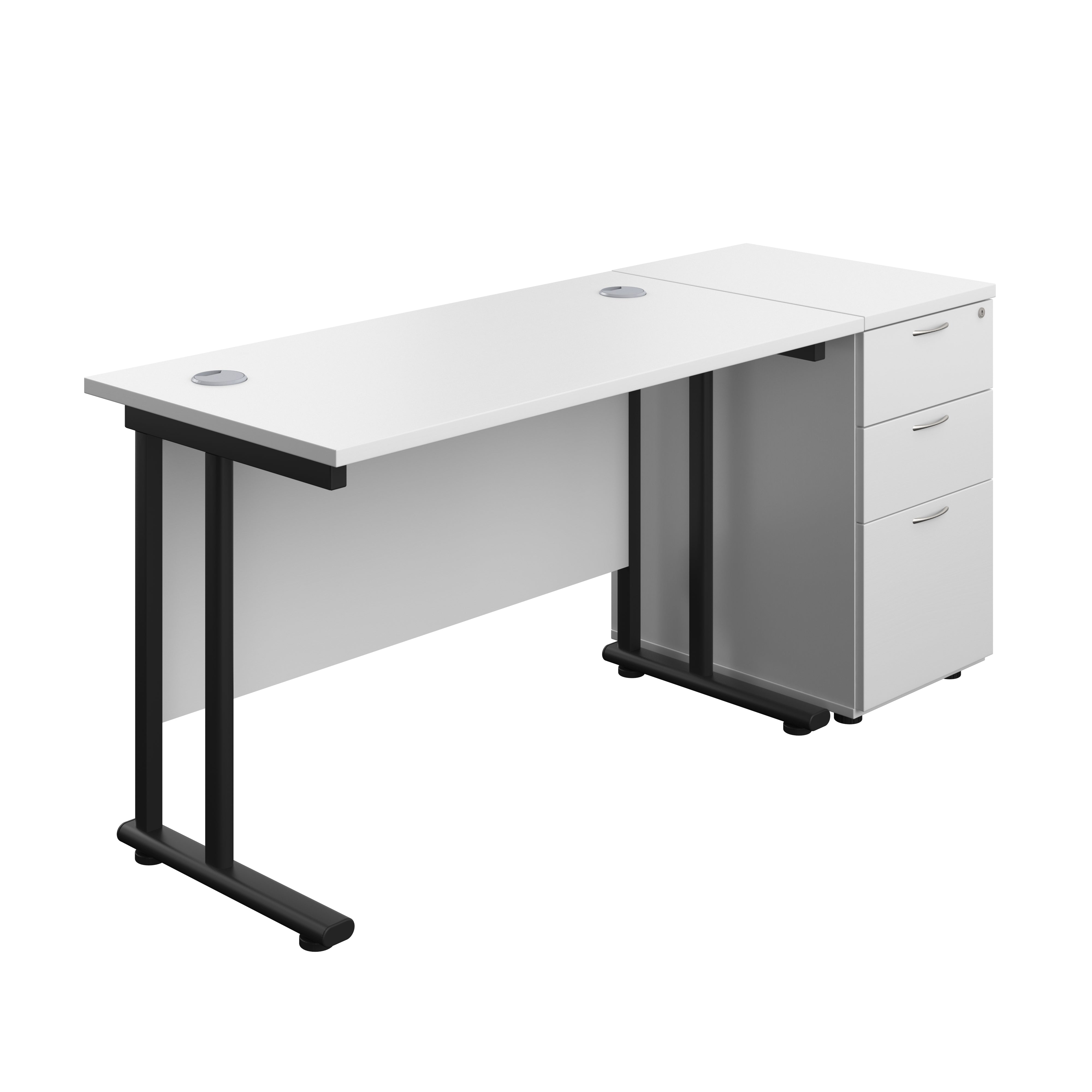 Twin Upright Rectangular Desk + Desk High 3 Drawer Pedestal (FSC) | 1200X600 | White/Black