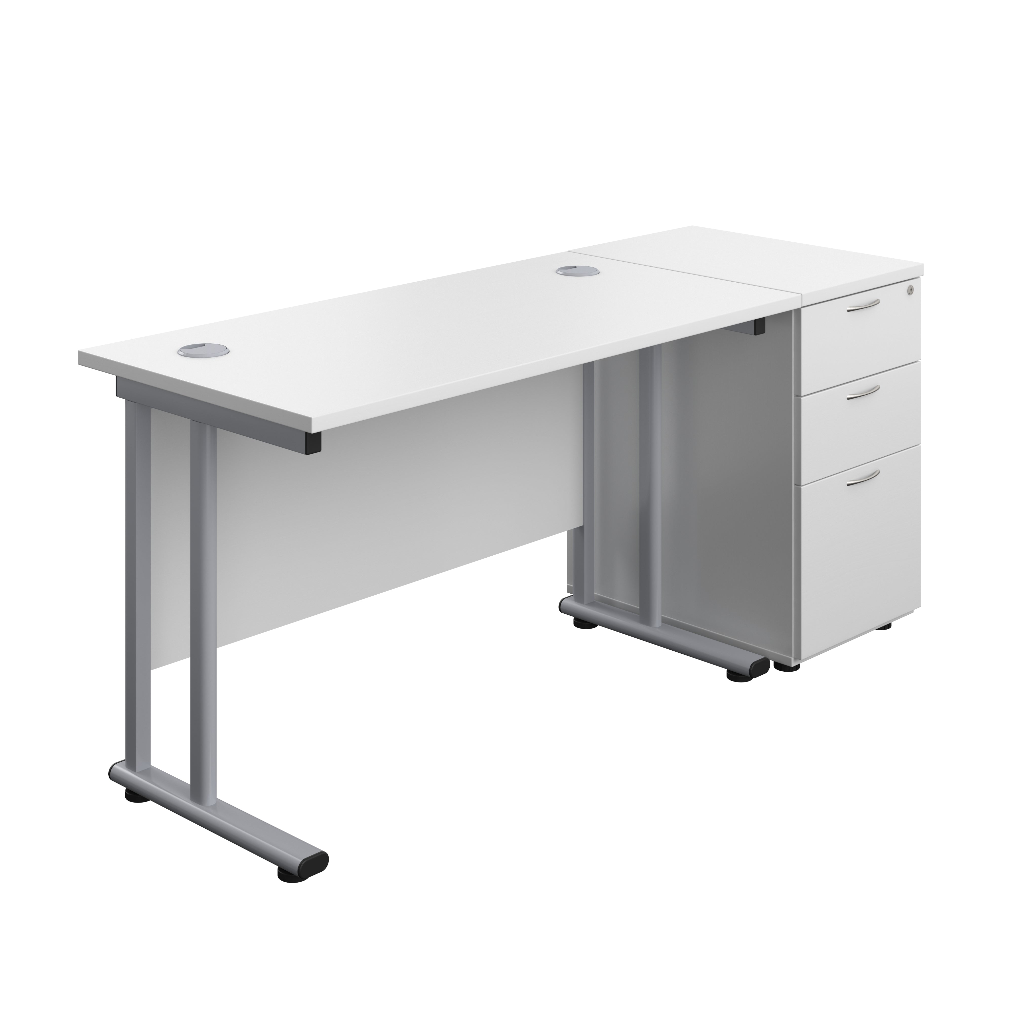Twin Upright Rectangular Desk + Desk High 3 Drawer Pedestal (FSC) | 1200X600 | White/Silver