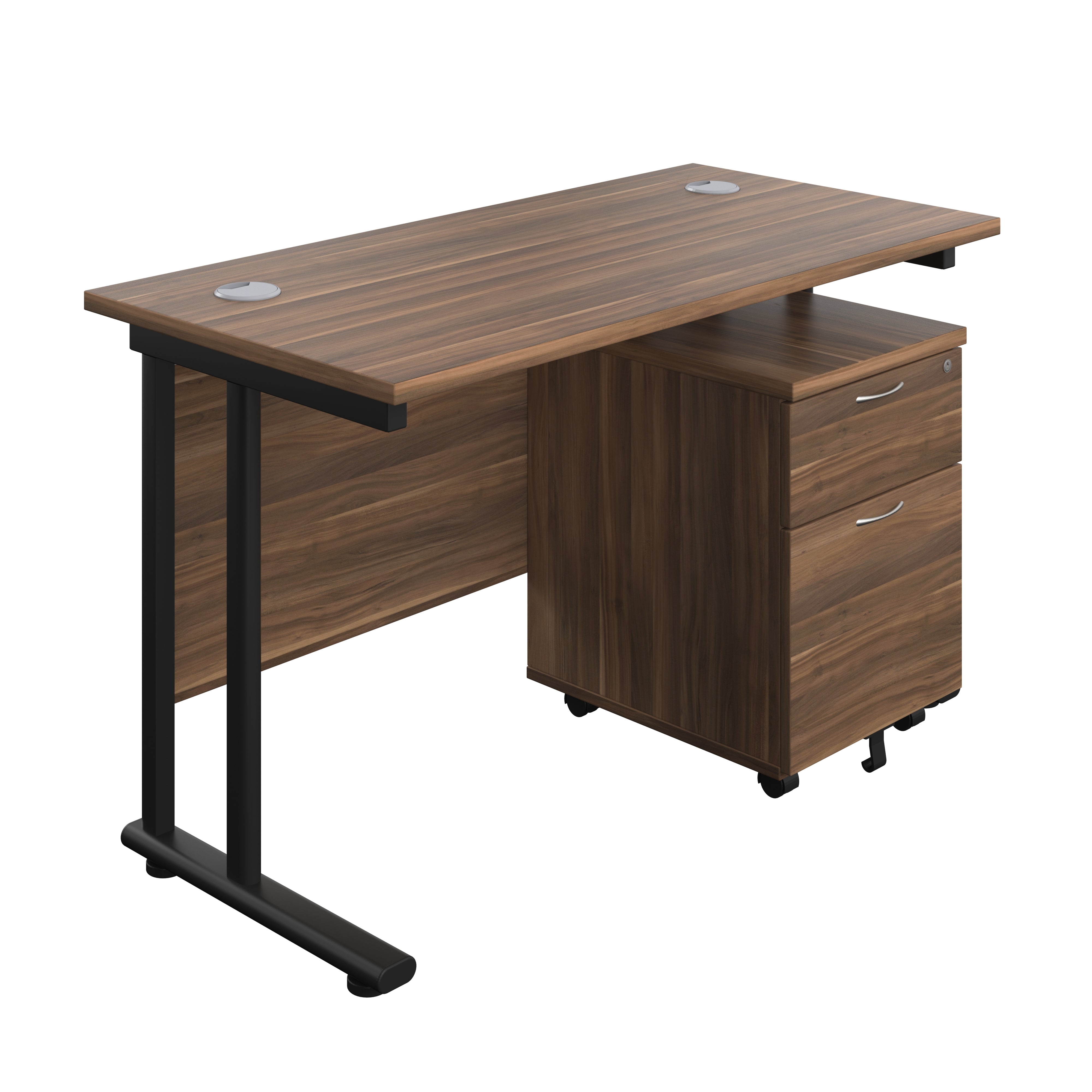 Twin Upright Rectangular Desk + Mobile 2 Drawer Pedestal (FSC) | 1200X600 | Dark Walnut/Black