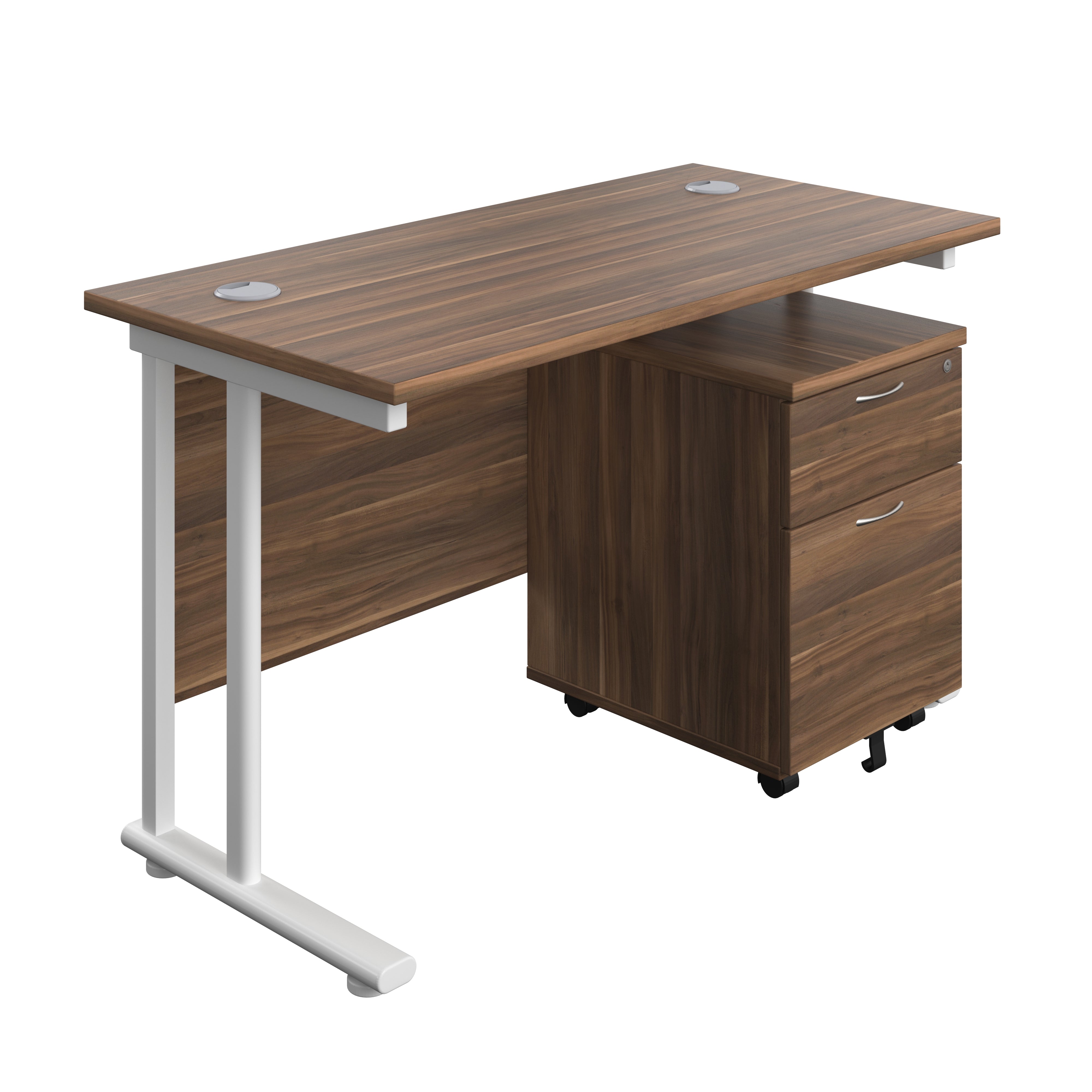 Twin Upright Rectangular Desk + Mobile 2 Drawer Pedestal (FSC) | 1200X600 | Dark Walnut/White