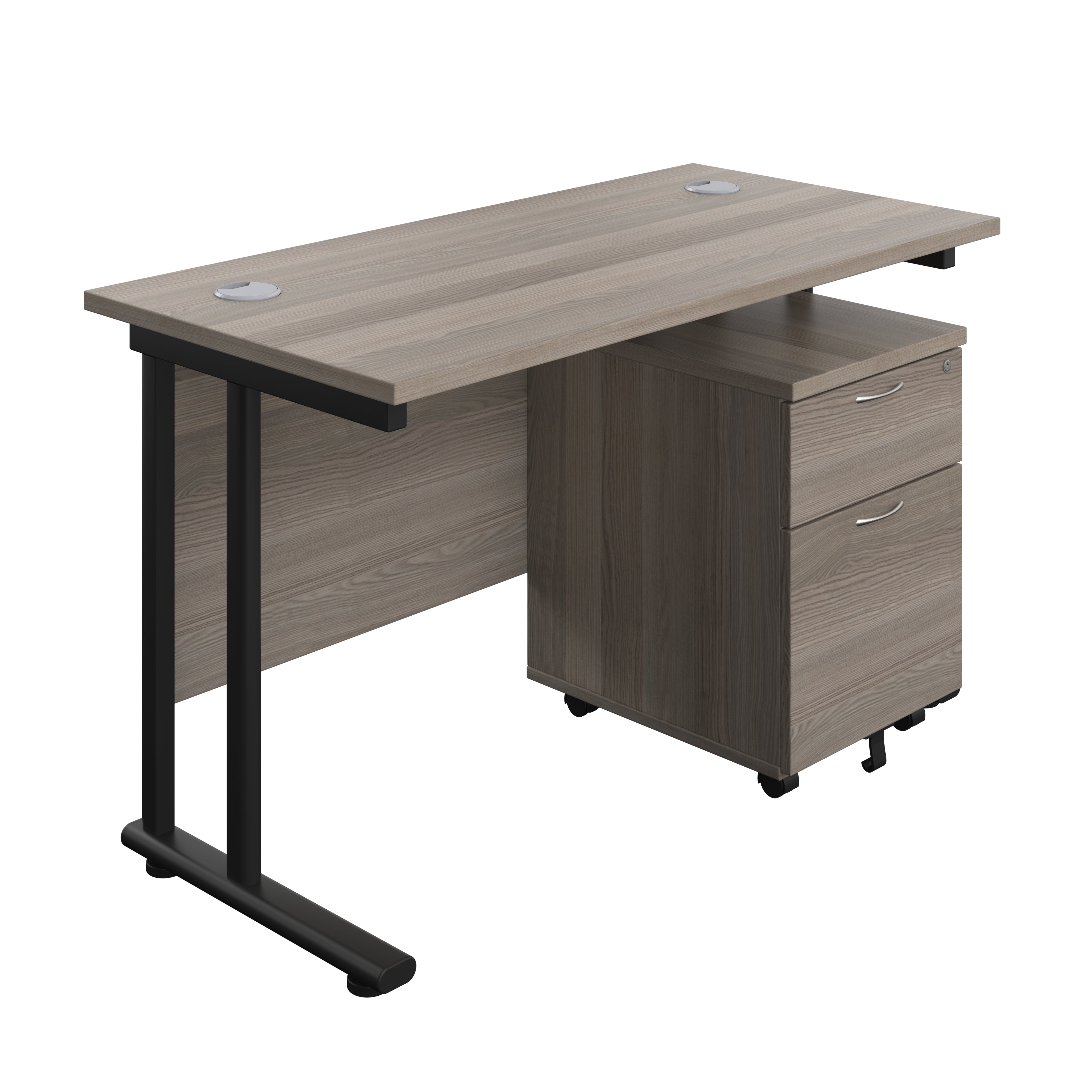 Twin Upright Rectangular Desk + Mobile 2 Drawer Pedestal (FSC) | 1200X600 | Grey Oak/Black