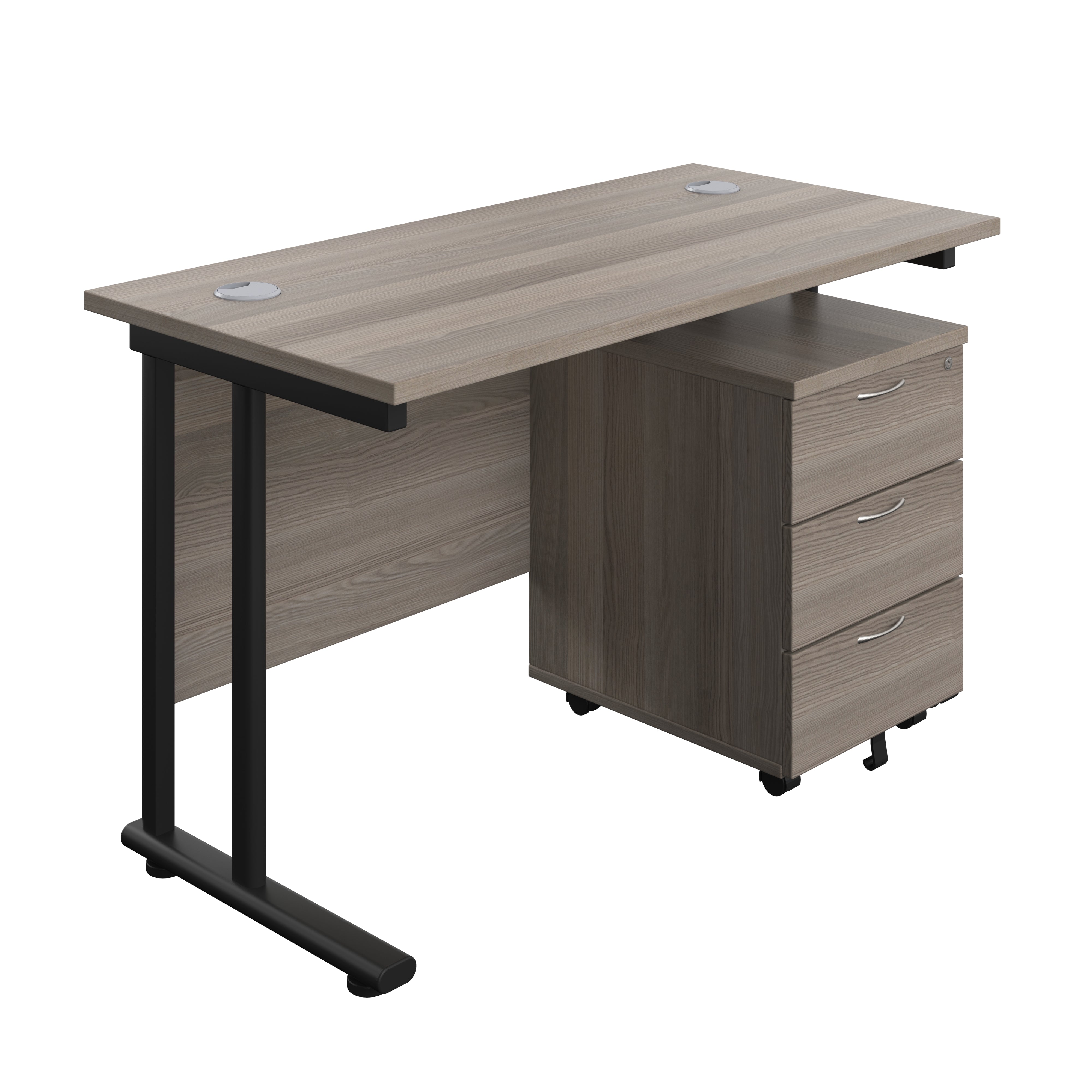 Twin Upright Rectangular Desk + Mobile 3 Drawer Pedestal (FSC) | 1200X600 | Grey Oak/Black
