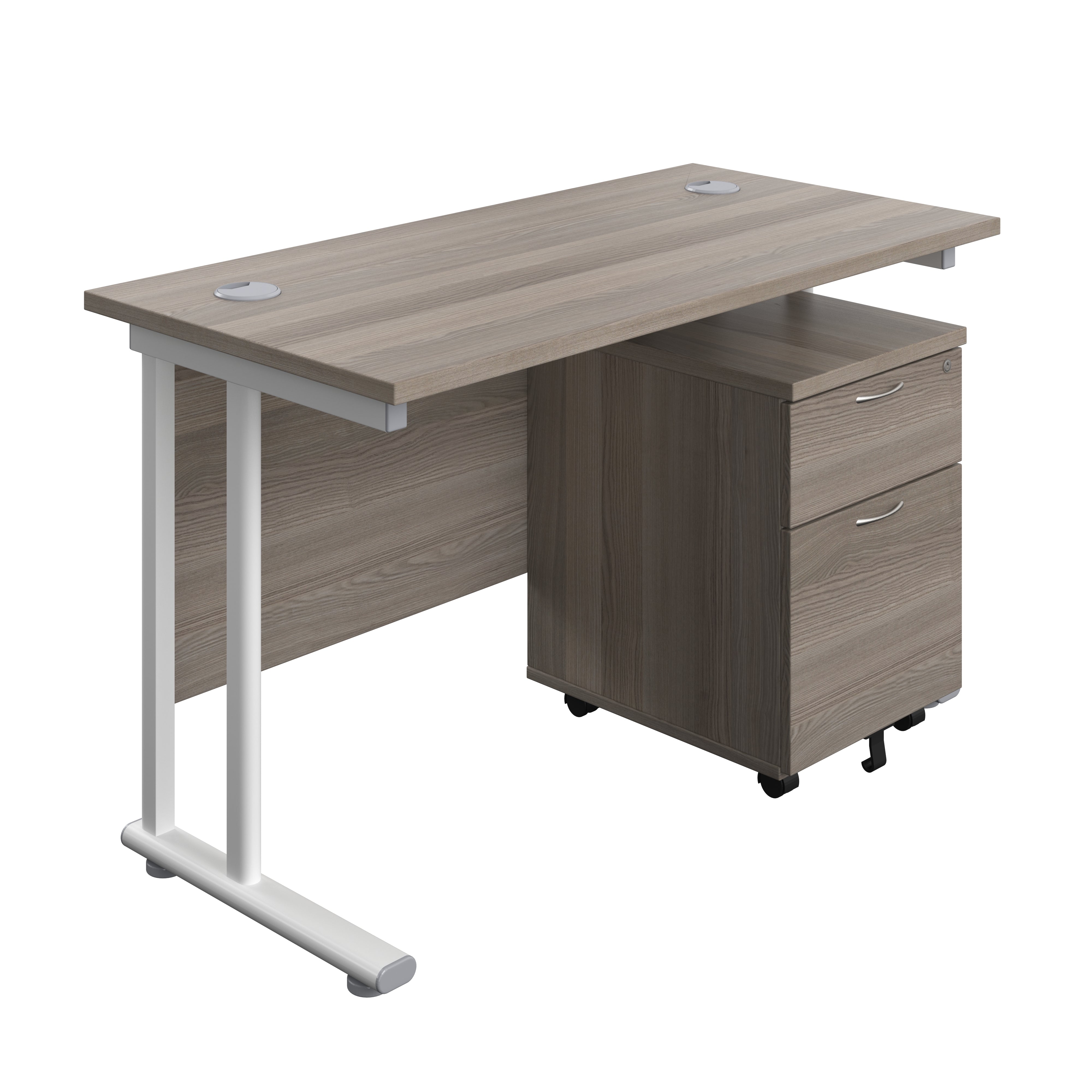 Twin Upright Rectangular Desk + Mobile 2 Drawer Pedestal (FSC) | 1200X600 | Grey Oak/White